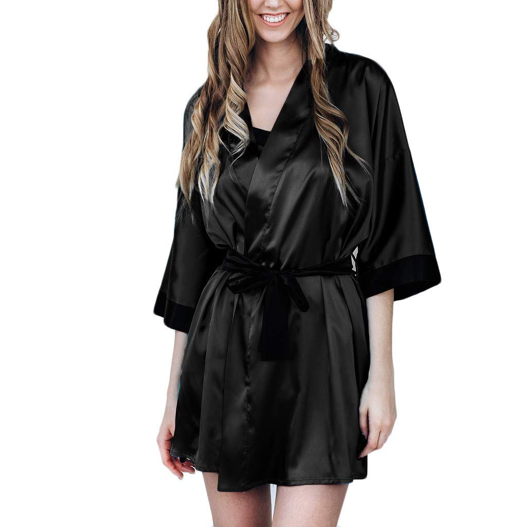 Sexy Black Silk Kimono Robe for Women - Lace Trim Satin Sleepwear & Lingerie - Elegant Loungewear for Bedroom, Boudoir & Special Occasions