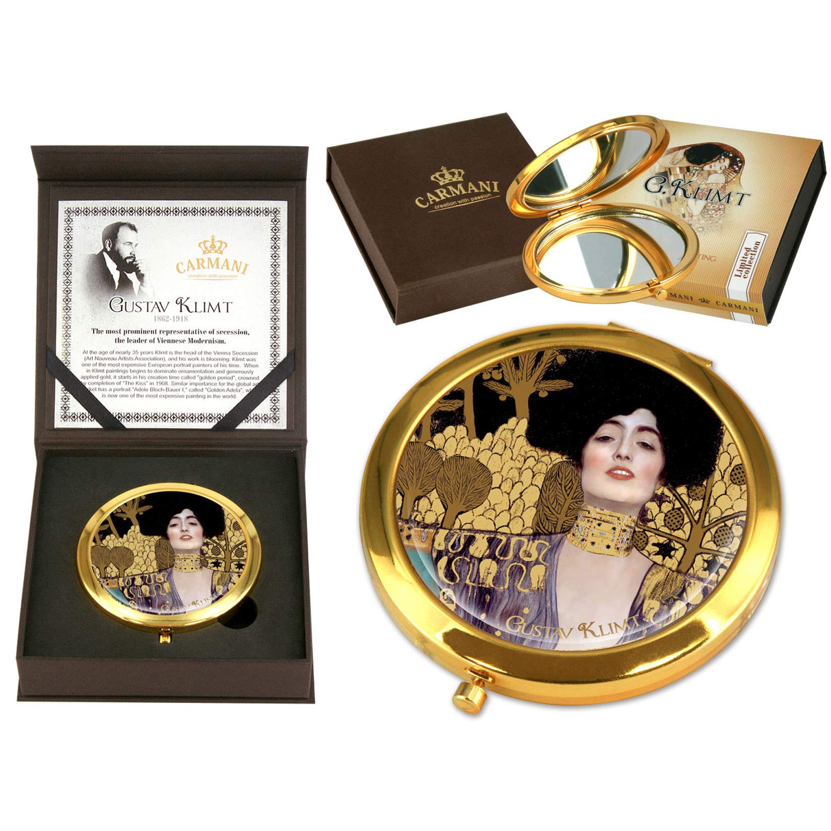 Carmani - Gustav Klimt 'Judith' Gold Plated Bronze Pocket Mirror | Elegant Makeup Compact & Travel Mirror | Perfect for Handbags, Vanity & On-the-Go Touch Ups