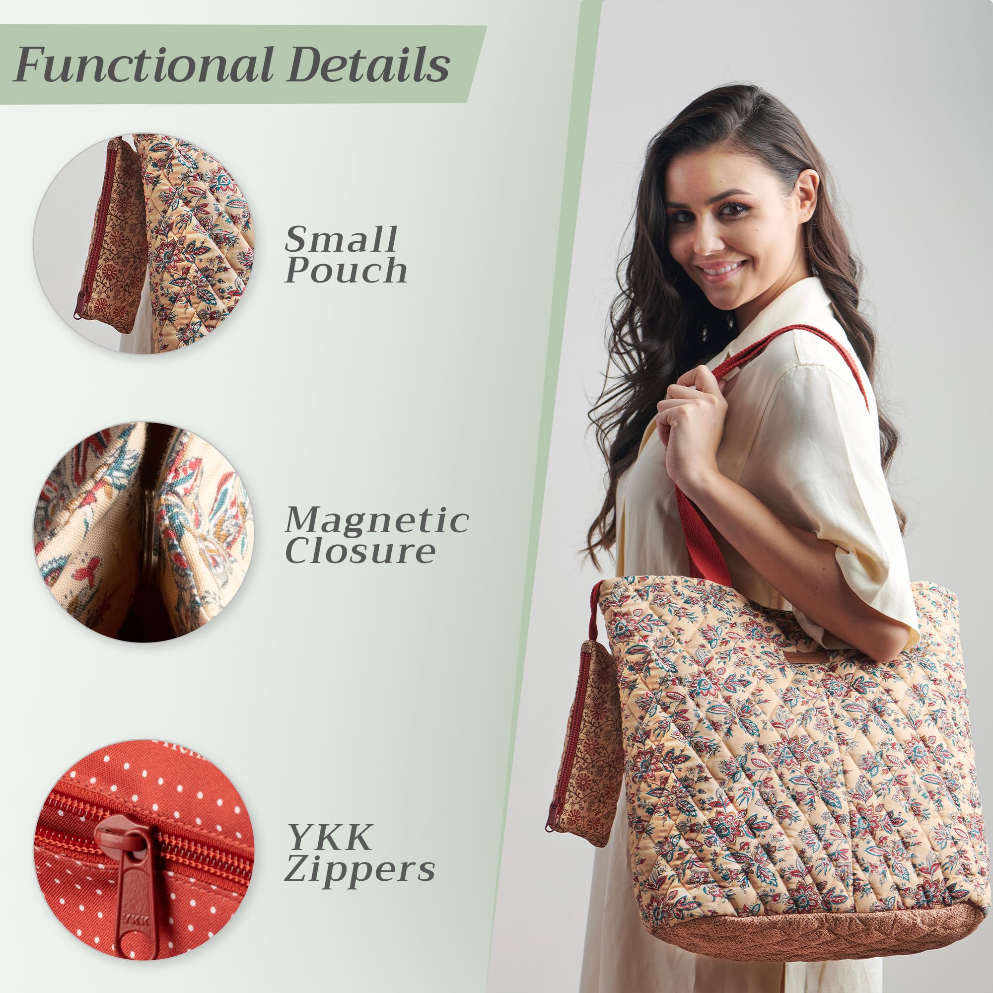 Maison d'Hermine Quilted Cotton Tote Bag with Zipper Pockets & Detachable Pouch - Stylish Shopping Bag for Work, Travel, Groceries & Lunch
