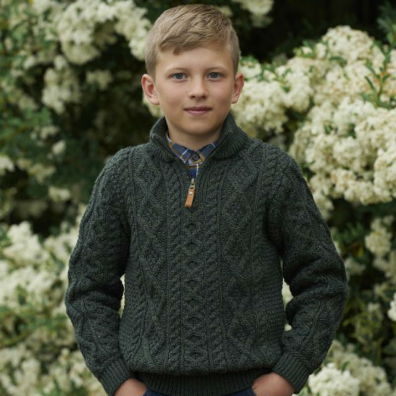 Kids' Quarter Zip Aran Sweater - Warm & Cozy Irish Wool Pullover for Boys & Girls - Perfect for School, Outdoor Adventures & Family Gatherings