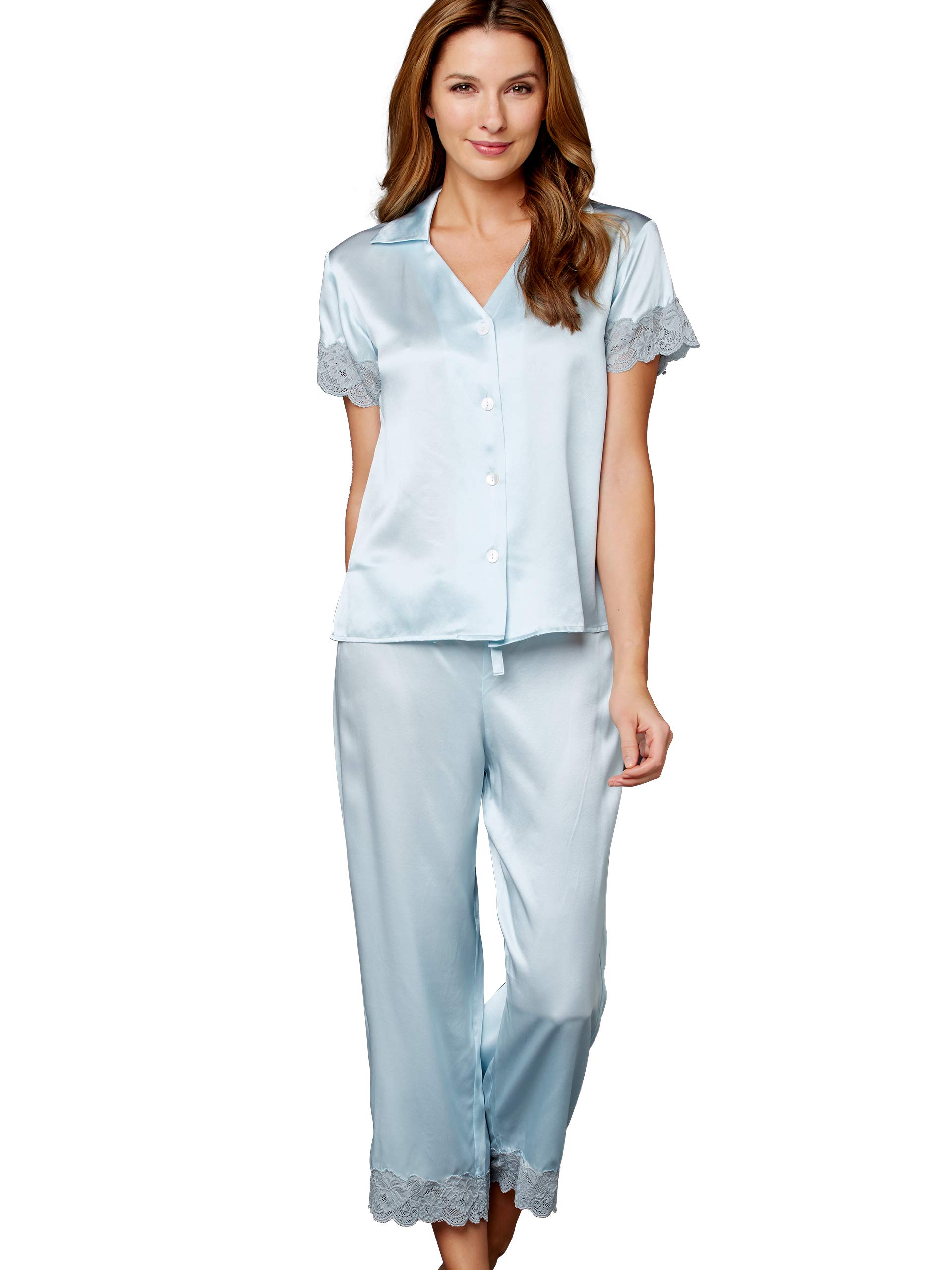 Julianna Rae Women's 100% Silk Pajama Set with Lace Trim - Cropped Sleepwear for Luxury Comfort | Perfect for Bridal Shower, Anniversary Gift & Relaxing Evenings