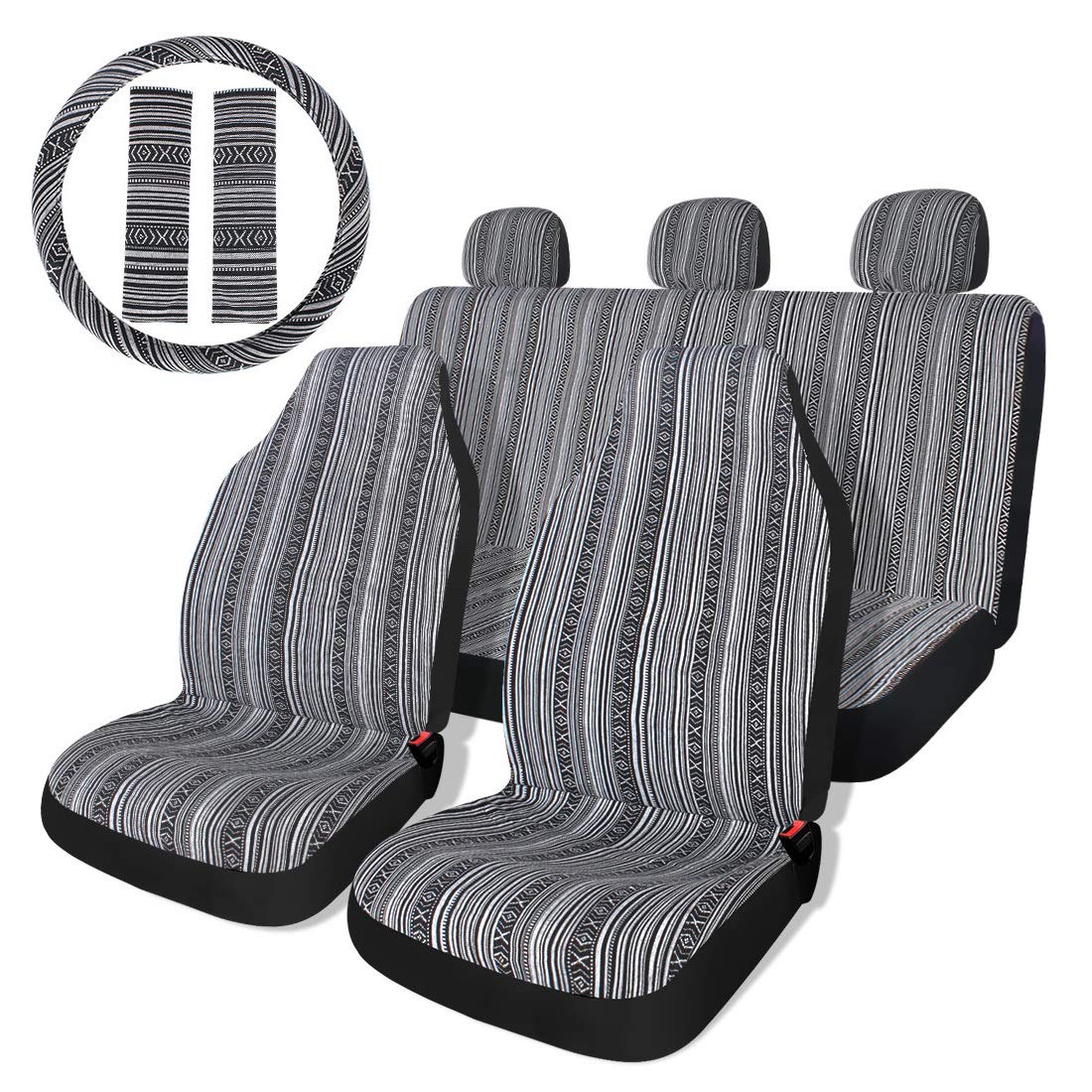 Baja Black & Gray Saddle Blanket Car Seat Covers Full Set - 10pc Universal Fit for Sedan & Cars with Steering Wheel Cover & Seat Belt Protectors | Durable & Stylish Protection for Daily Commute, Road Trips & Off-Road Adventures