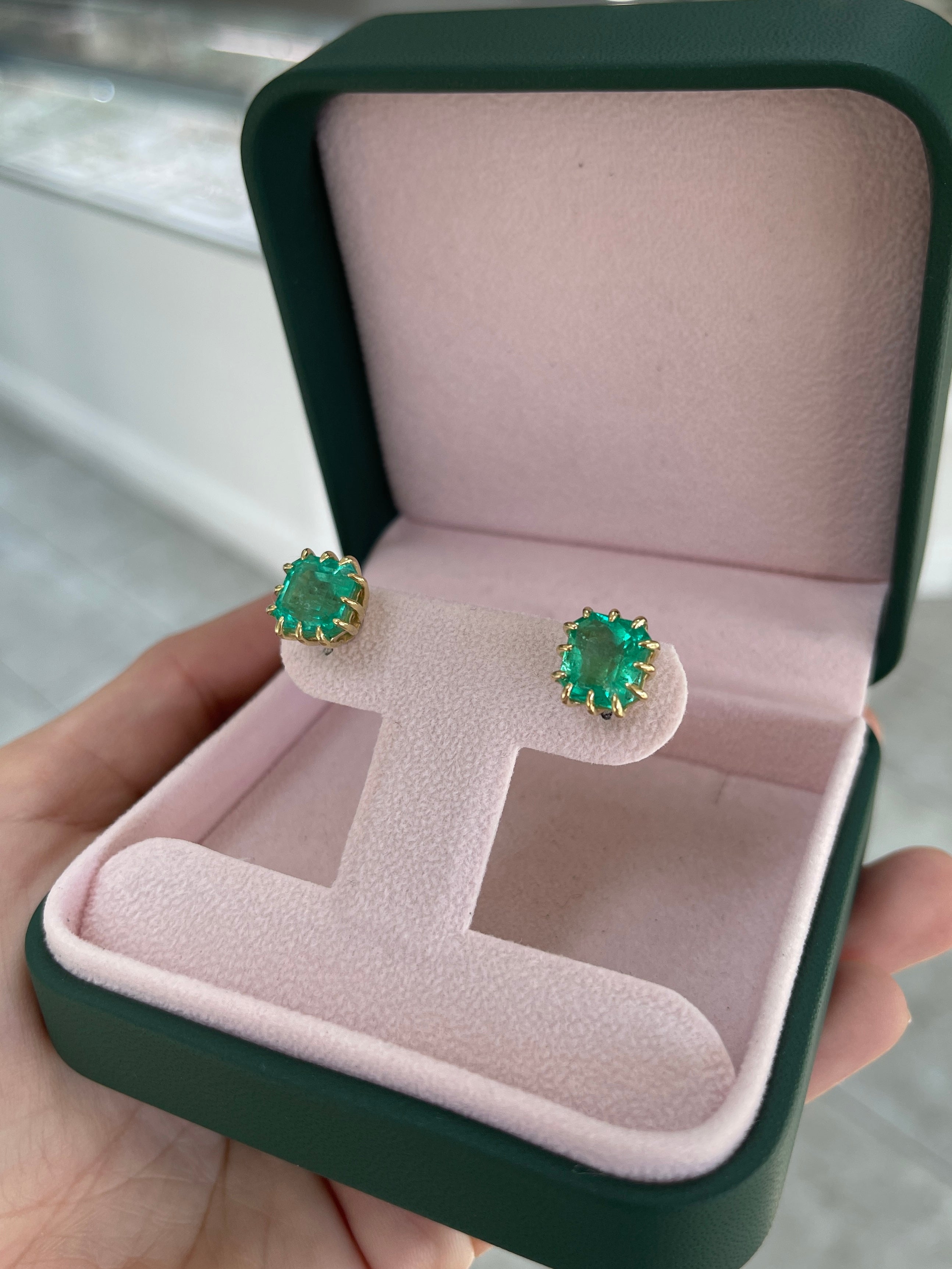 8.56tcw Colombian Emerald Multi Prong 18K Gold Statement Stud Earrings - Perfect for Weddings, Parties & Special Occasions