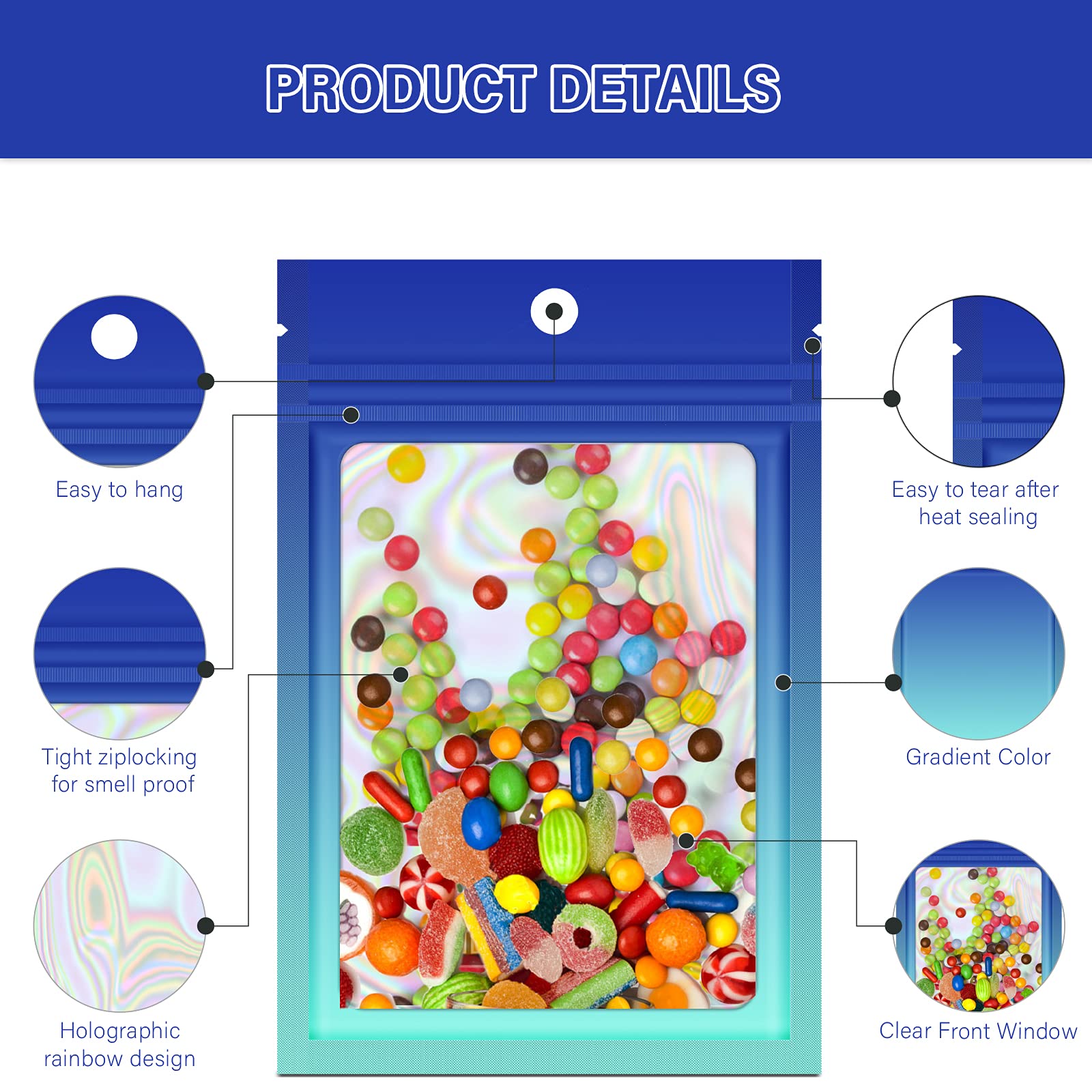 100-Pack Holographic Gradient Mylar Ziplock Bags with Clear Window - Resealable Stand-Up Pouches for Candy, Snacks, Party Favors & Sample Packaging (5.5x7.8 Inch, Gradient Blue) - Perfect for Retail, Events & Small Business Storage