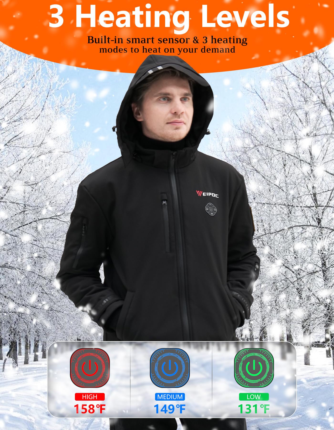 Heated Jacket for Men with Battery Pack - Winter Warm Electric Heating Coat with Detachable Hood | Perfect for Outdoor Activities, Camping & Cold Weather Gifts