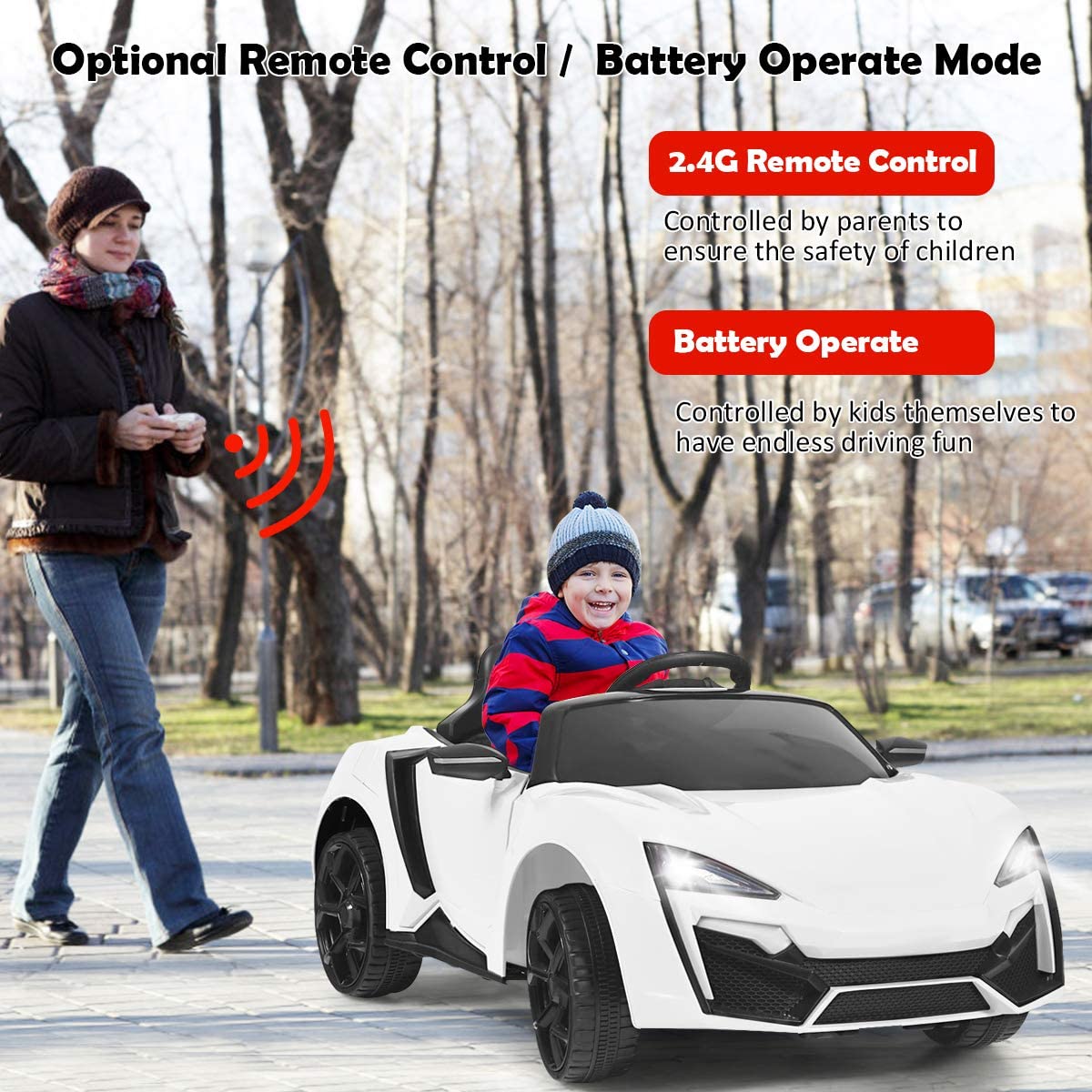 OLAKIDS 12V Battery Powered Kids Ride on Car - Electric Toy Vehicle with Parental Remote Control, Spring Suspension & LED Lights - 3 Speed Adjustable, Music, Horn, USB/TF Port - Perfect for Indoor & Outdoor Play (White)