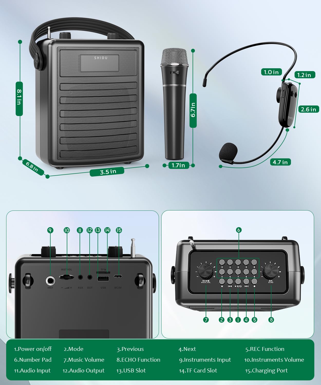 SHIDU Professional Portable Voice Amplifier with Wireless UHF Microphone & Bluetooth Speaker - Headset & Handheld Mic Included - Ideal for Teachers, Meetings, Speeches, Outdoor Events & Public Speaking
