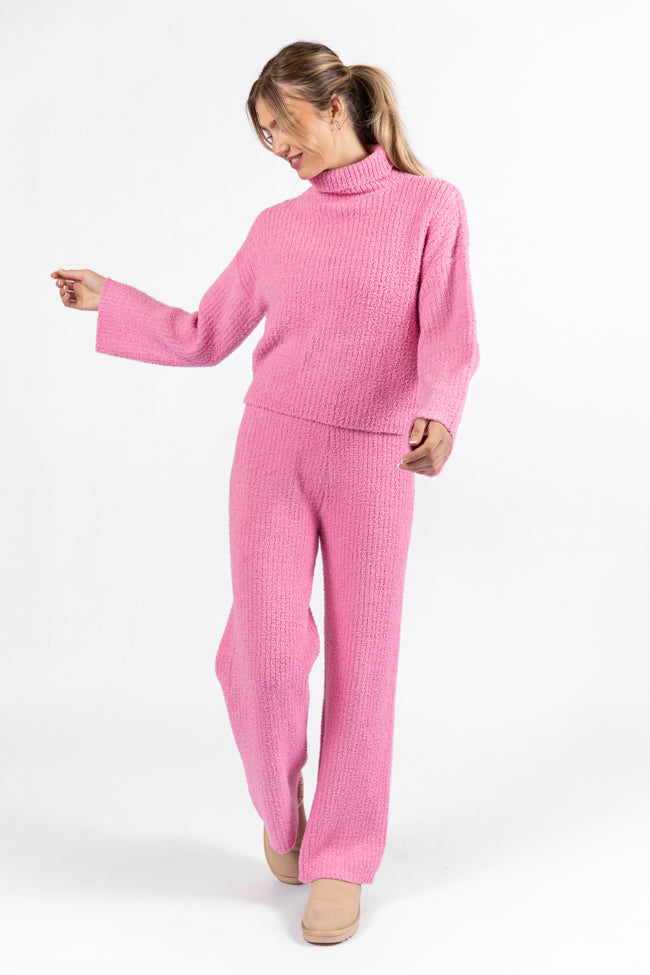 Cozy Candy Pink Fuzzy Turtleneck Sweater Set - Women's Winter Knitwear Outfit | Perfect for Casual Wear, Holiday Parties & Cold Weather Fashion
