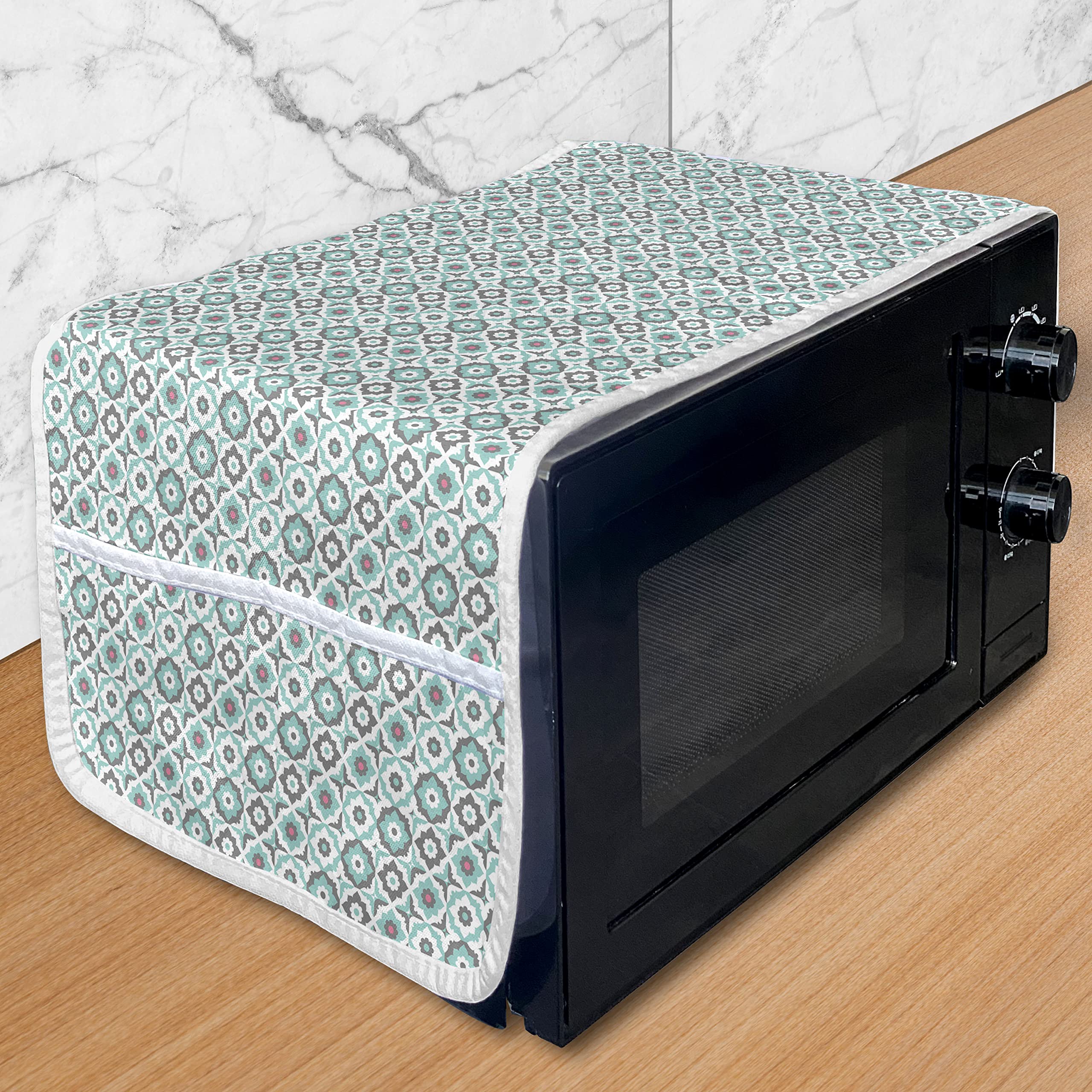 Ambesonne Quatrefoil Microwave Oven Cover - Vintage Mosaic Pattern with Pastel Daisies & Spanish Flowers, Waterproof Kitchen Organizer with Pockets, 36