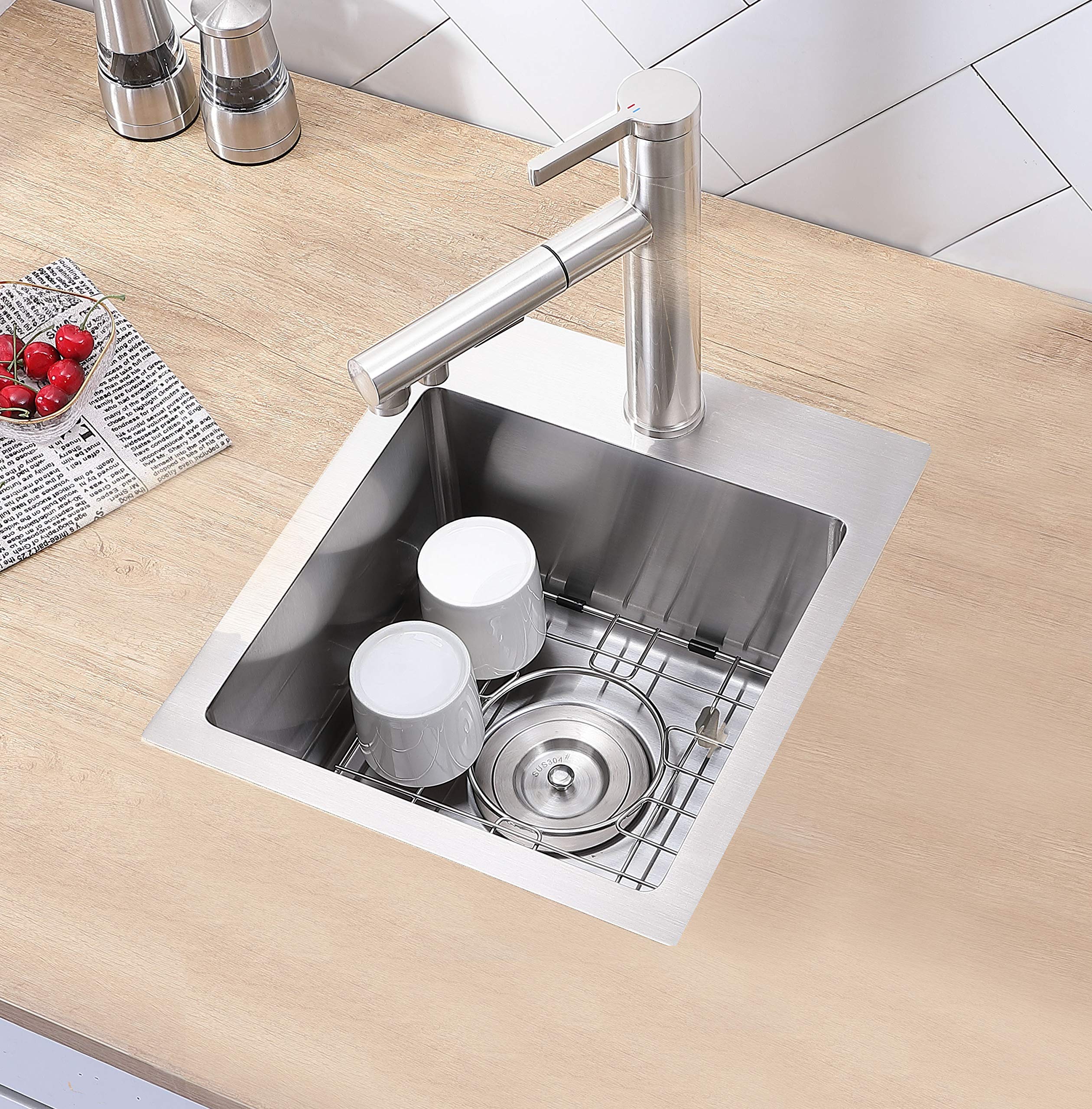 VCCUCINE 15x15 Inch Topmount Drop-in Bar Sink - Handmade Stainless Steel RV Small Kitchen Sink with Brushed Nickel Finish & Accessories - Perfect for Outdoor Wet Bars, Prep Stations & Compact RV Kitchens