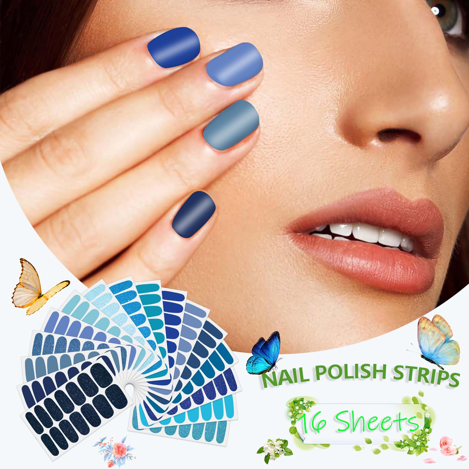SILPECWEE 16 Sheets Blue Nail Wraps for Women - Glitter & Solid Color Nail Polish Stickers, Self-Adhesive Gel Nail Strips with Nail File - Perfect for Manicure, Home Salon, Parties & Gifts
