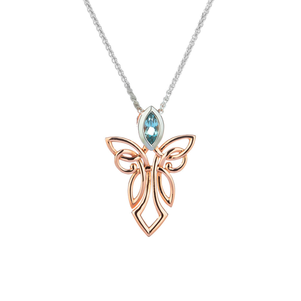 10K Rose Gold & White Gold Guardian Angel Pendant with Blue Topaz Gemstone - Elegant Jewelry Gift for Women, Perfect for Birthday, Anniversary & Special Occasions