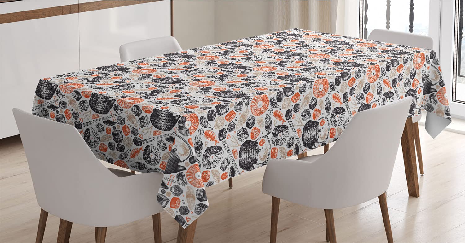 Ambesonne Sushi Themed Tablecloth - Black Salmon Beige Rectangle Satin Dining Table Cover with Shrimp Sushi Rolls & Wasabi Print - 52