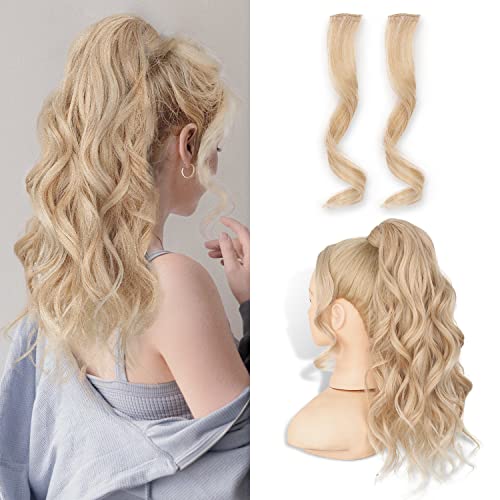 KooKaStyle 20 Inch Long Wavy Clip-in Ponytail Hair Extension with Bangs - Synthetic Fluffy Wrap Around Ponytail for Women | Ash Blonde Mix Light Bleach Blonde | Perfect for Daily Wear, Parties & Cosplay