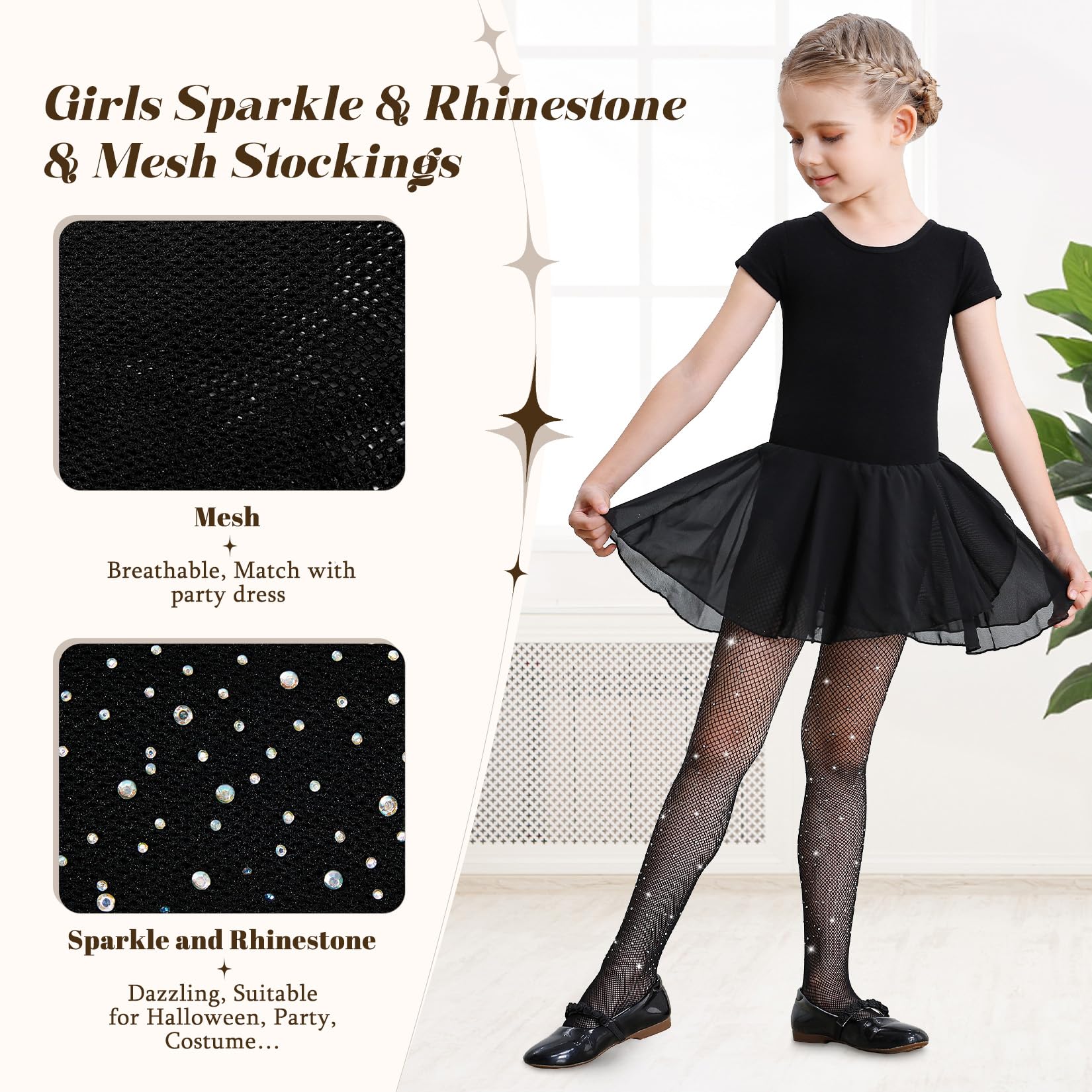 Century Star Girls Fishnet Stockings with Rhinestones - Sparkly Glitter Tights for Toddlers & Kids | Perfect for Halloween Costumes, Dance Performances & Party Outfits