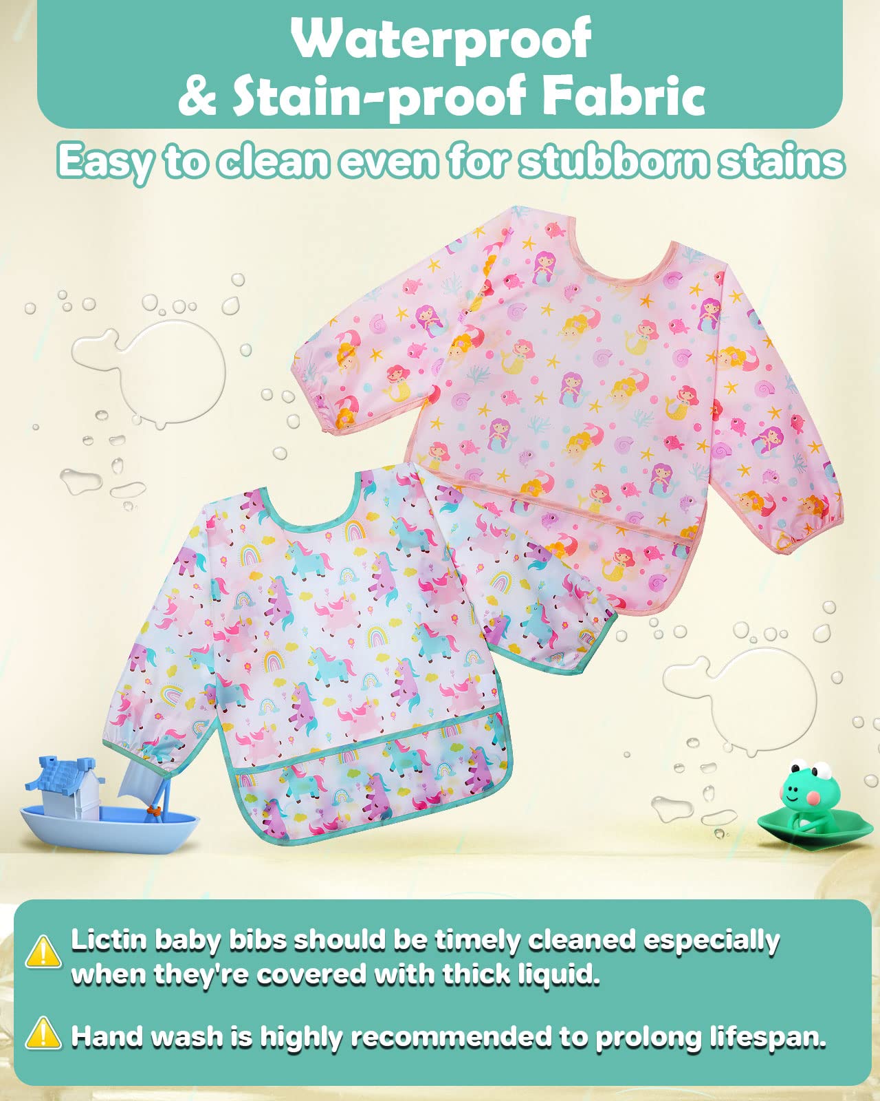 Lictin 3 Pack Baby Bibs for Boys & Girls - Waterproof Long Sleeve Toddler Bibs with Cute Designs - Perfect for Feeding, Mealtime & Messy Play
