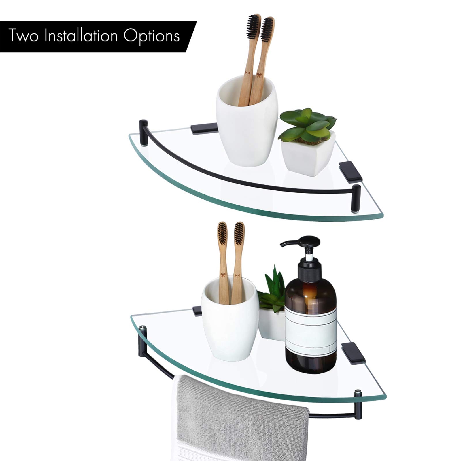 KES 2-Pack Tempered Glass Corner Shelf for Bathroom - Wall Mount with SUS 304 Stainless Steel Rail in Matte Black (BGS2101A-BK-P2) | Perfect for Shower Storage & Bathroom Organization