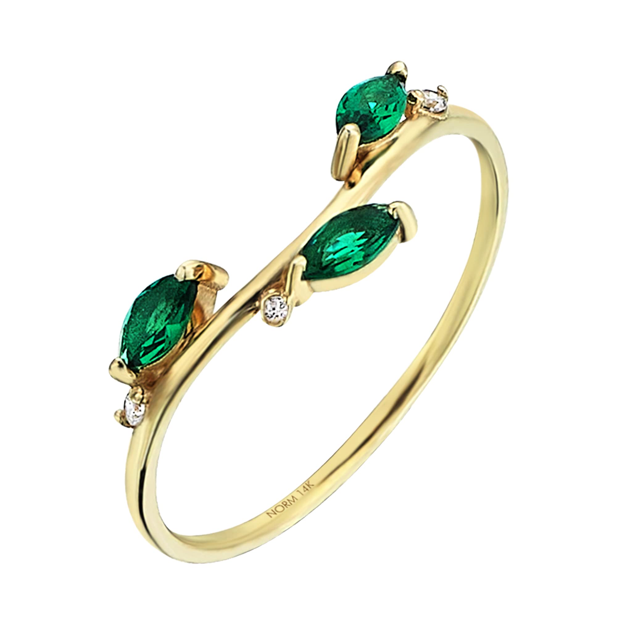14K Solid Gold Emerald Leaf Ring - May Birthstone Stacking Ring, Unique Emerald Vine Ring for Women, Perfect for Everyday Wear, Gift Giving & Special Occasions
