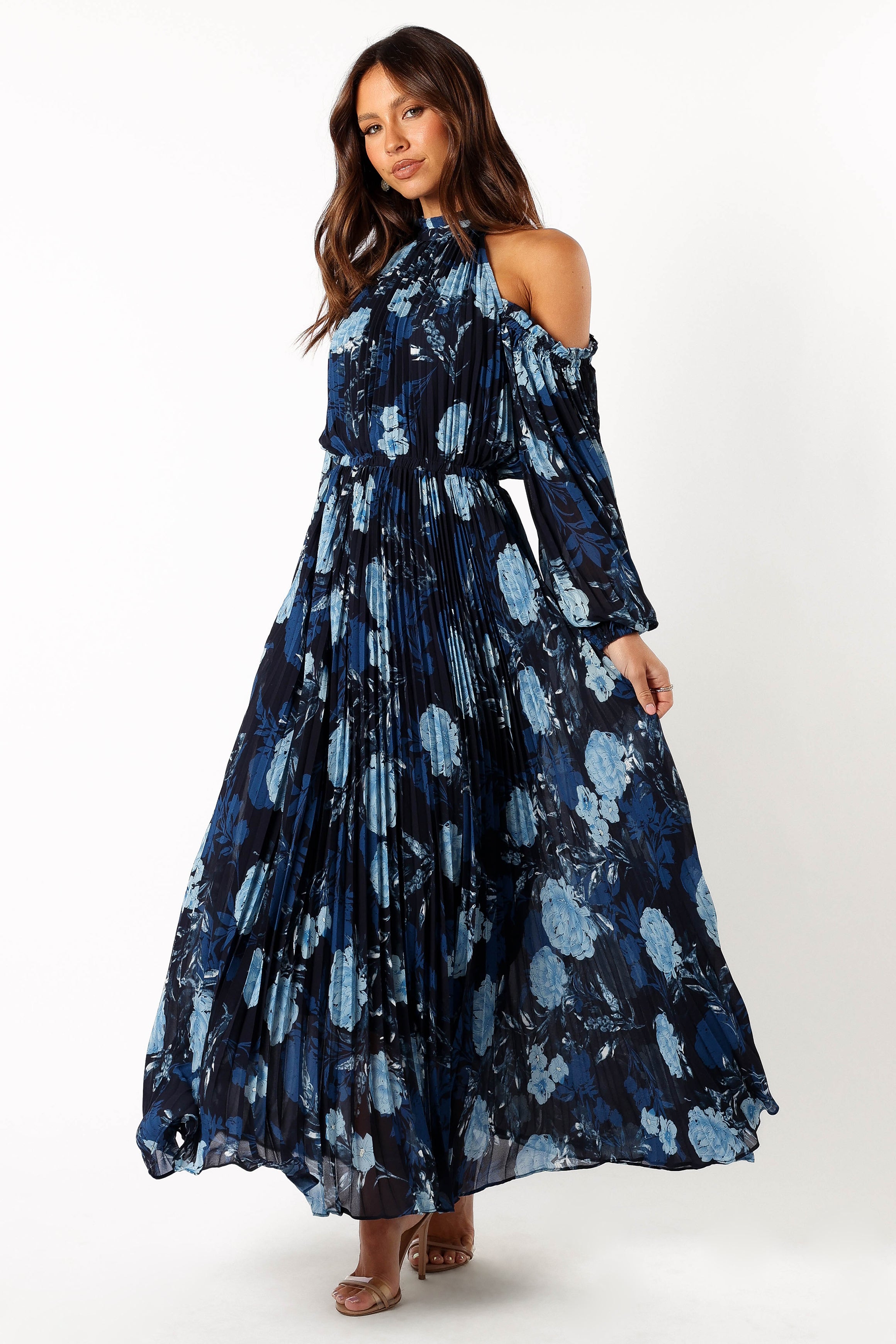 Hilary Pleated Maxi Dress - Blue Floral Print Women's Summer Dress for Beach Vacation, Wedding & Party | Elegant Flowy Long Dress with Side Slit