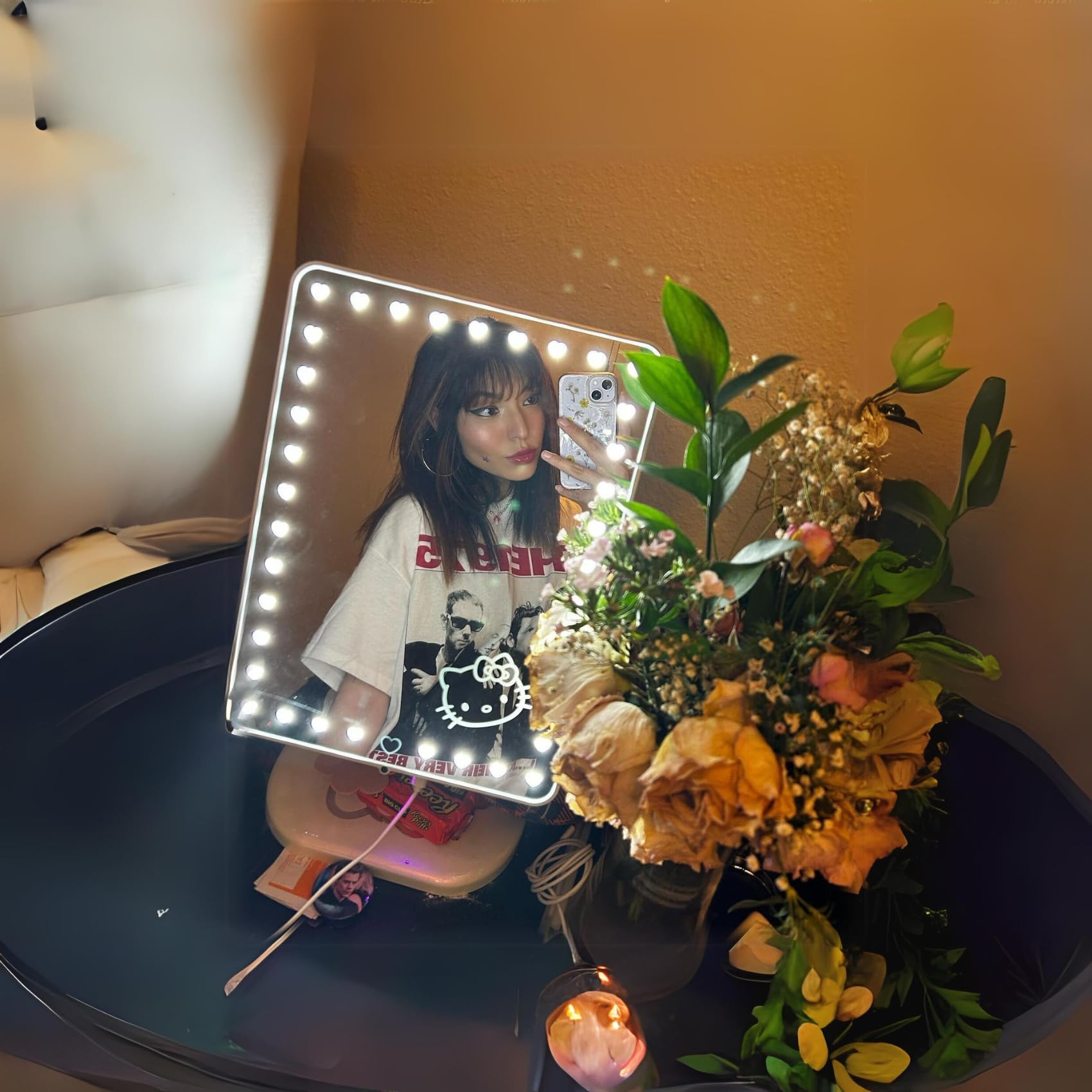 Hello Kitty Touch Pro Makeup Mirror with 360° Rotation, LED Lights & USB Charging - Pearl White Vanity Mirror for Bedroom, Bathroom & Dressing Room | Perfect for Makeup Application, Skincare & Self-Care Routine