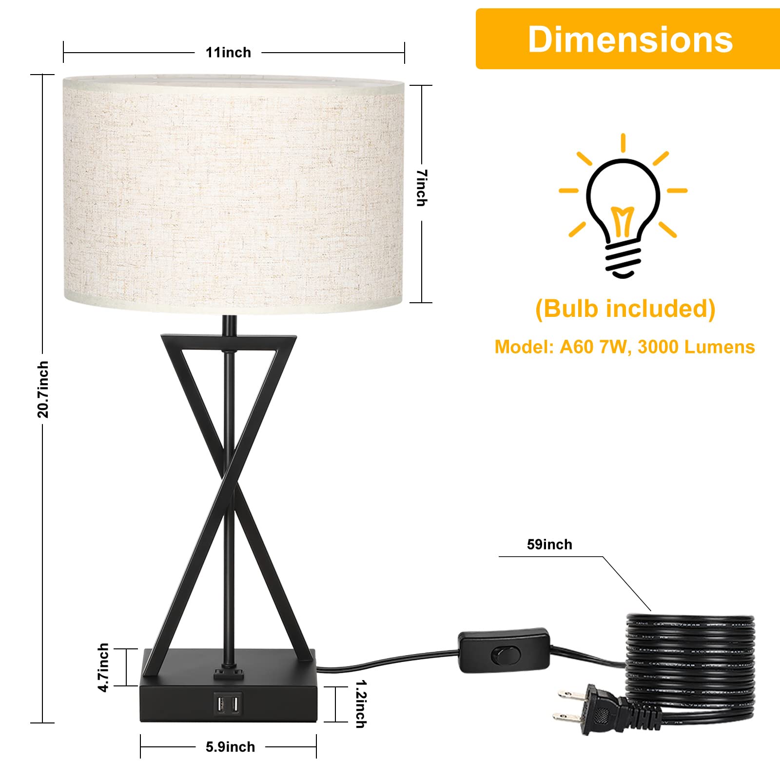 2 Pack USB Touch Control Table Lamps - 3-Way Dimmable Bedside Nightstand Lights for Bedroom, Living Room & Office with Included Bulbs (White) | Perfect for Reading, Working & Creating Cozy Ambiance