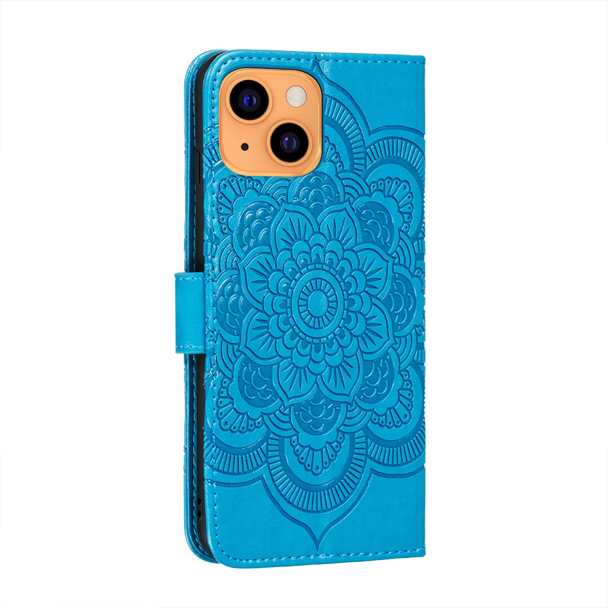 OOPKINS PU Leather iPhone 13 Mini Case - Mandala Blue Wallet Cover with Card Slot & Magnetic Stand for Work & Travel