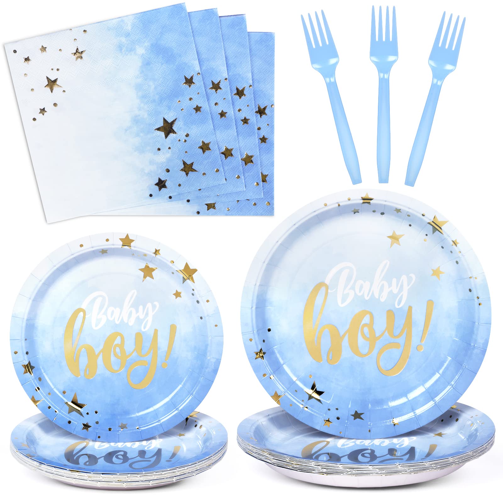 DECORLIFE Baby Shower Plates and Napkins Set for Boys - 24 Blue Themed Plates, Forks Included (96 Pieces Total) - Perfect for Baby Showers, Birthday Parties & Gender Reveal Celebrations