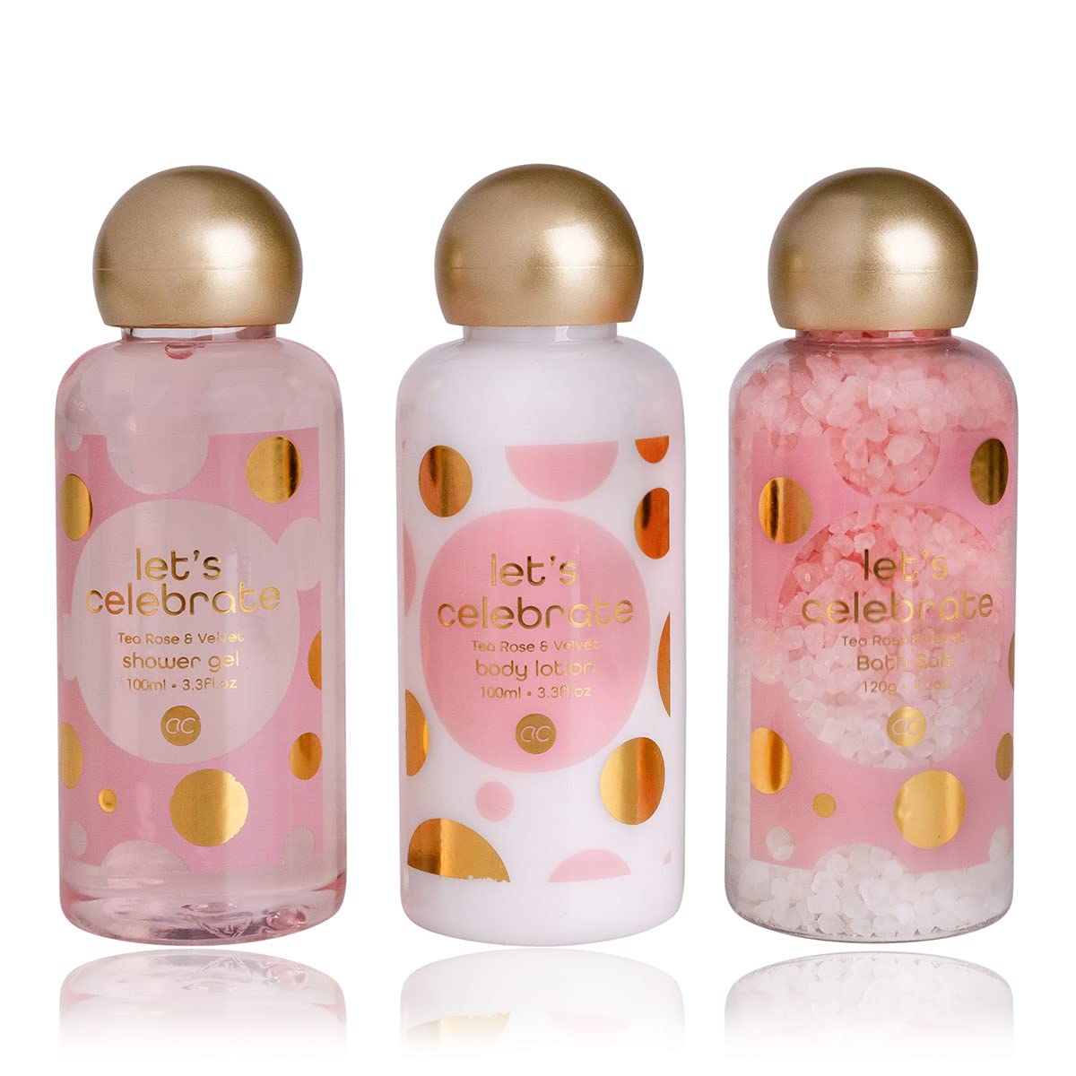 Accentra Women's Luxury Bath & Shower Gift Set - 3-Piece Spa Collection with Tea Rose & Velvet Scent (Shower Gel, Body Lotion, Bath Salt) in Cosmetic Bag - Perfect Birthday, Anniversary & Holiday Present for Her - Relaxing Self-Care & Pampering Gift Idea
