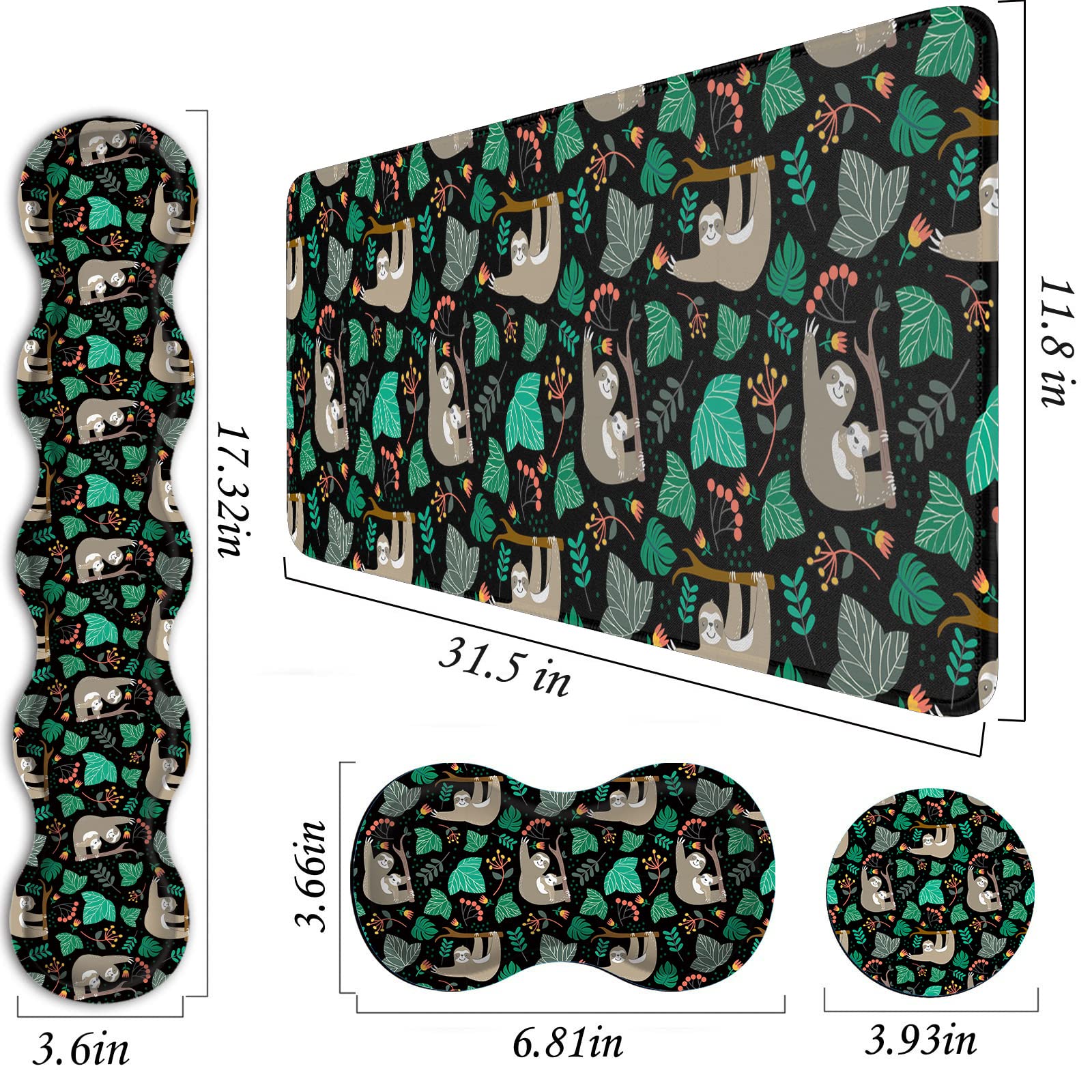 Premium Mouse Pad Set - 31.5×11.8 Inch Large Desk Mat with Keyboard Wrist Rest, Mouse Wrist Support & Coaster - Ergonomic Office & Home Computer Accessories for Laptop Users - Cute Sloth Design for Gaming & Work Comfort