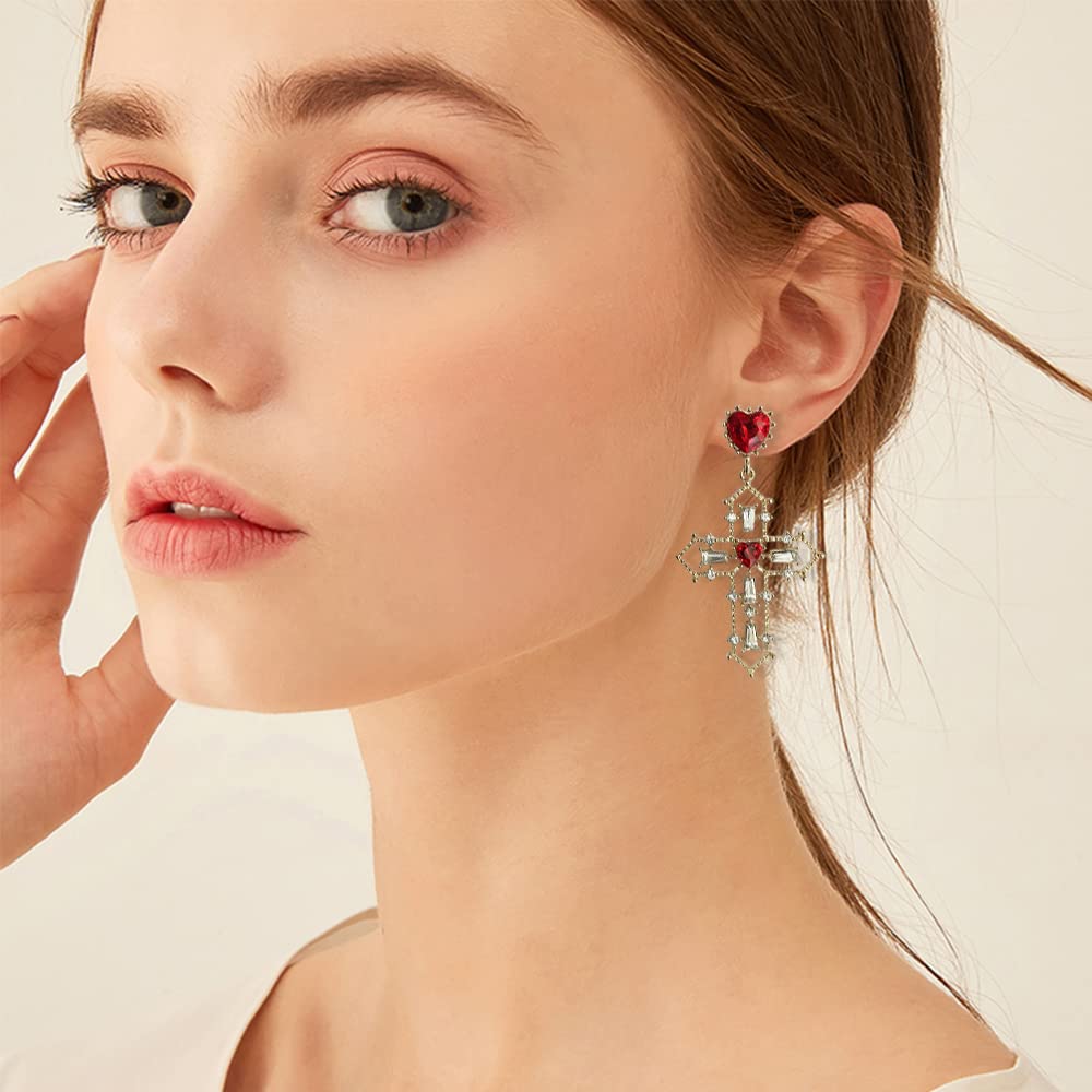 Stylish Gold Cross Red Heart Earrings with Sparkling Crystals - Baroque Hollow Drop Dangle Earrings for Women & Teens - Perfect for Parties, Night Out, and Gift Giving