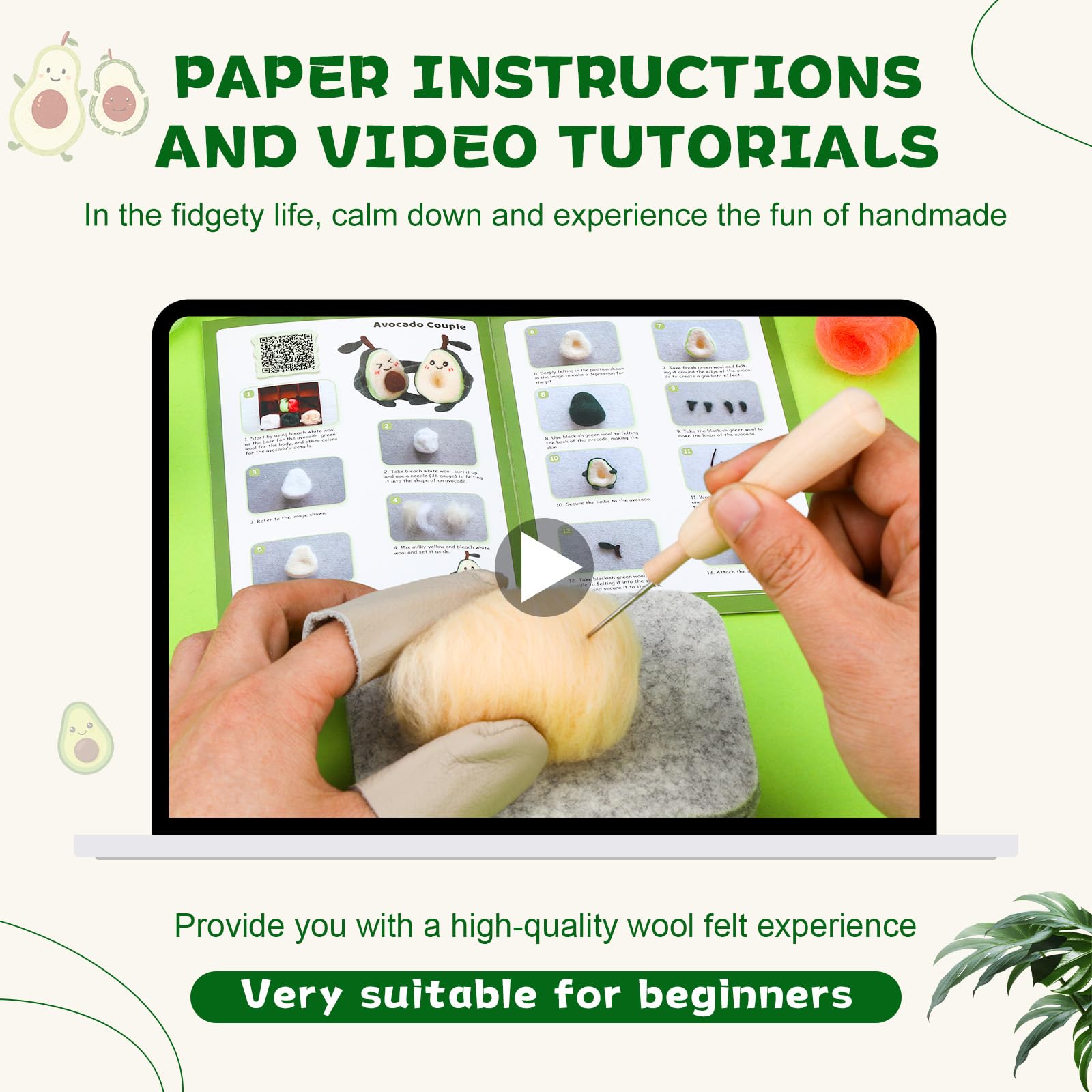 OEHPICC Avocado Needle Felting Kit - Complete DIY Starter Kit with Felting Needles, Wool, Foam Pad & Step-by-Step Guide | Perfect for Beginners, Handmade Crafts, Home Decor & Stress Relief Projects