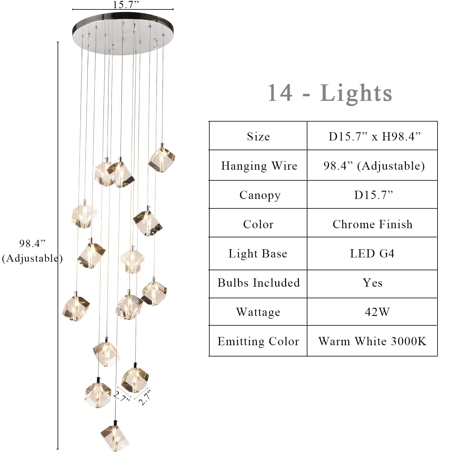 Modern Chrome Raindrop Pendant Light Fixture - 14-Light Round Crystal Chandelier for High Ceilings - Elegant Dining Room, Living Room, Staircase & Hotel Lighting Decor