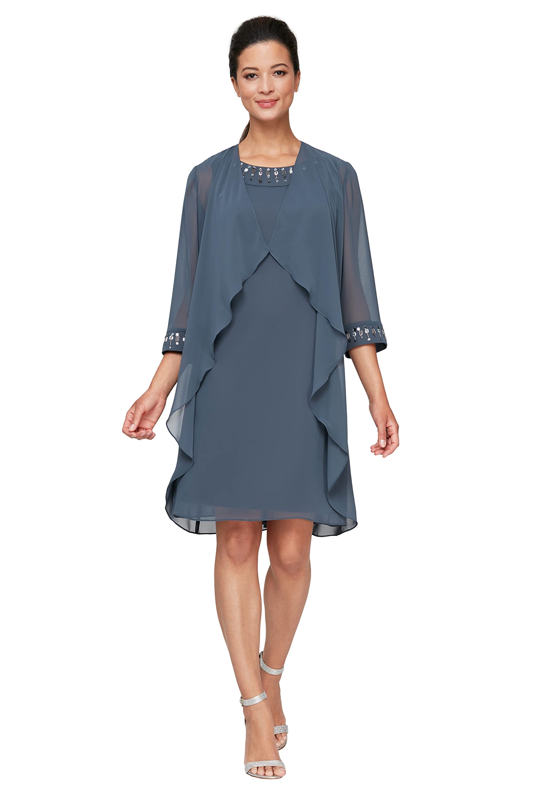 S.L. Fashions Women's Elegant Chiffon Tiered Jacket Dress with Beaded Neckline & Cuffs - Perfect for Evening Parties, Weddings & Special Occasions