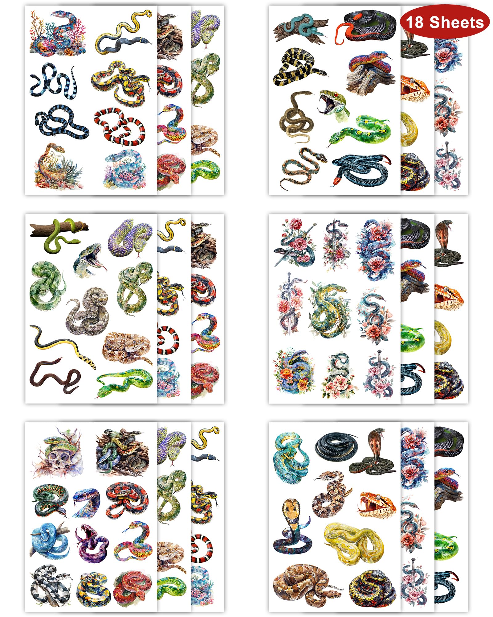 168 Pieces Snake Temporary Tattoos for Adults & Kids - 18 Sheets Snake Themed Fake Tattoo Stickers - Perfect for Halloween Parties, Costume Events & Body Art Decorations