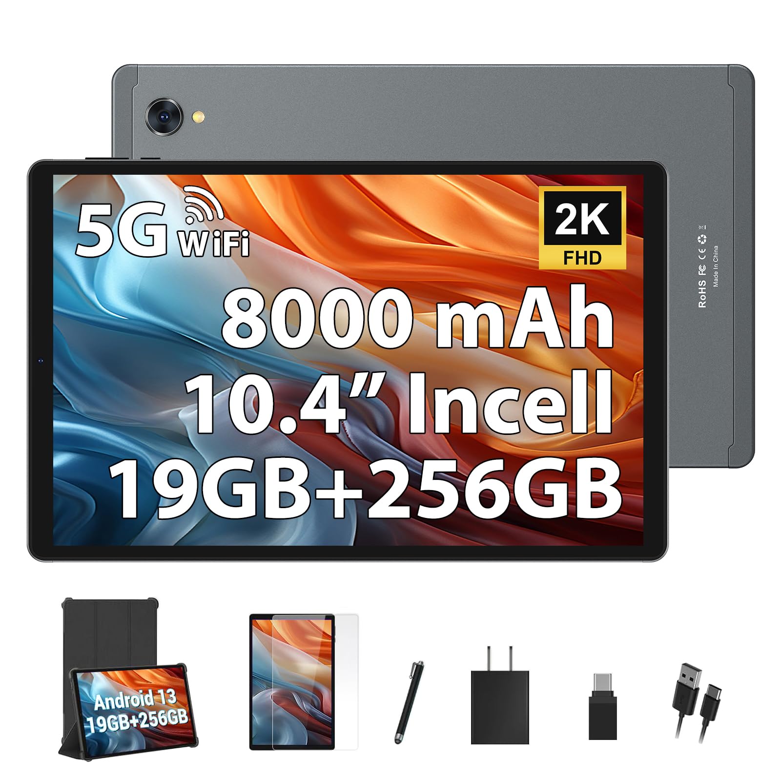 POWMUS 10.4 Inch Android Tablet - 8GB RAM, 256GB Storage (Expandable to 1TB), 2K IPS Display, Octa-Core MT8183 Processor, Dual WiFi (2.4G/5G), 8000mAh Battery, 13MP+8MP Cameras, Bluetooth 5.0, GPS - Gray - Perfect for Work, Study, Streaming & Gaming