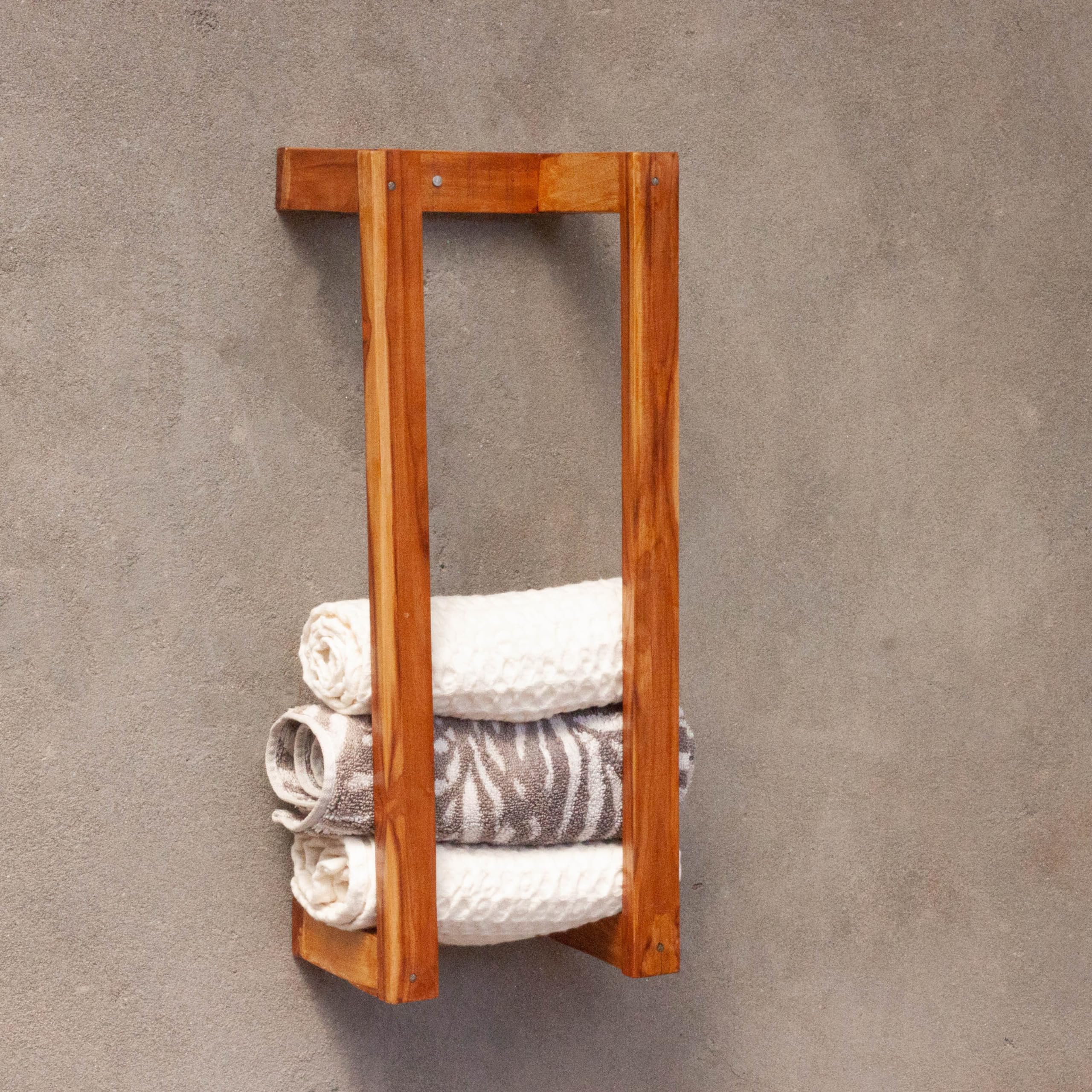 Premium Sheesham Wood Bathroom Towel Holder Stand - Solid Wood Wall Mounted Towel Rack & Shelf Organizer for Rolled Towels | Eco-Friendly Bathroom Storage Solution (50L x 20W x 8.8H cm) - Perfect for Spa, Guest Bathroom & Luxury Home Decor