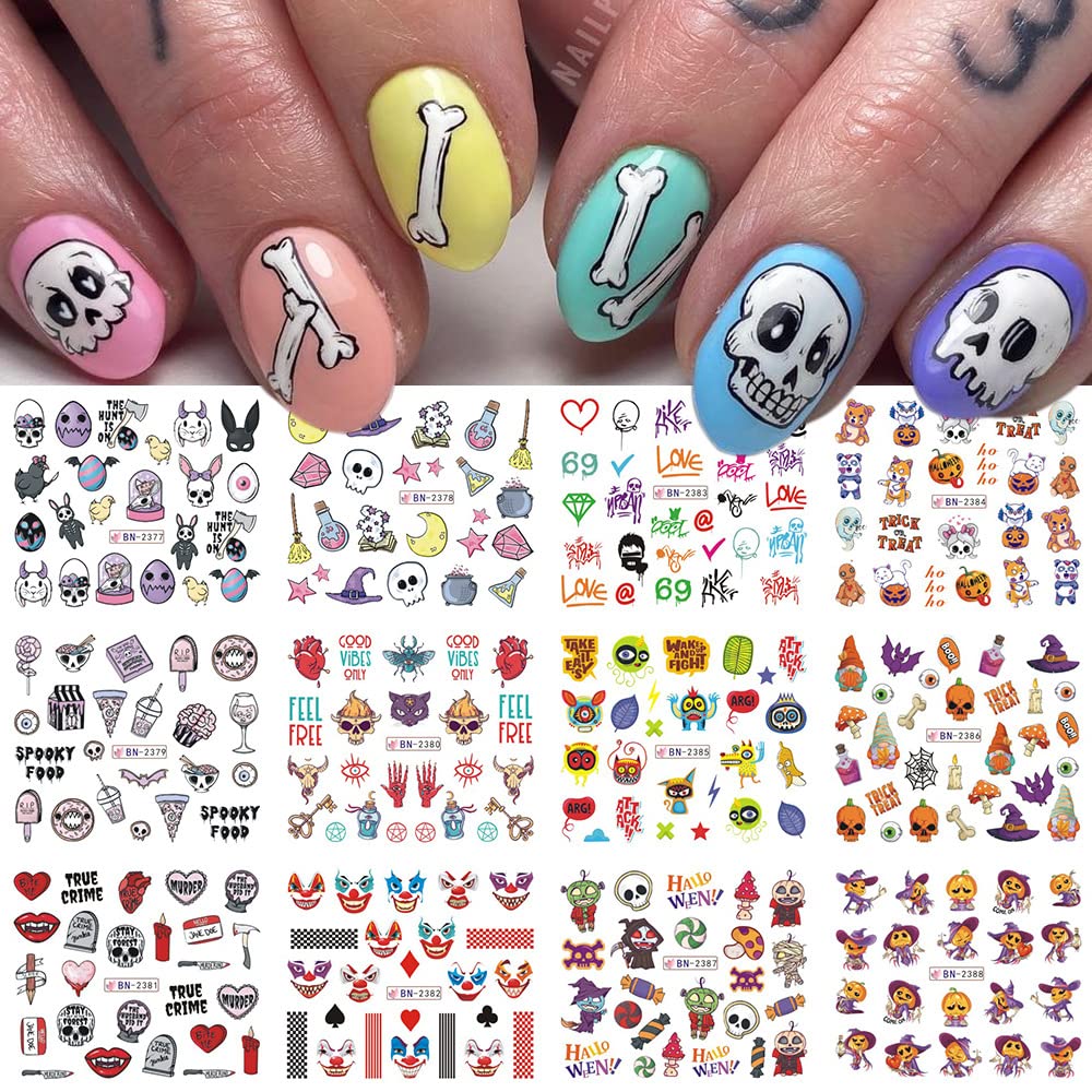 Halloween Nail Stickers - Day of The Dead Water Transfer Nail Decals with Skull, Ghost, Pumpkin & Witch Designs - 12 Sheets for Halloween Party Manicure & Nail Art Supplies - Perfect for Costume Parties, Trick or Treating & Spooky Nail Designs