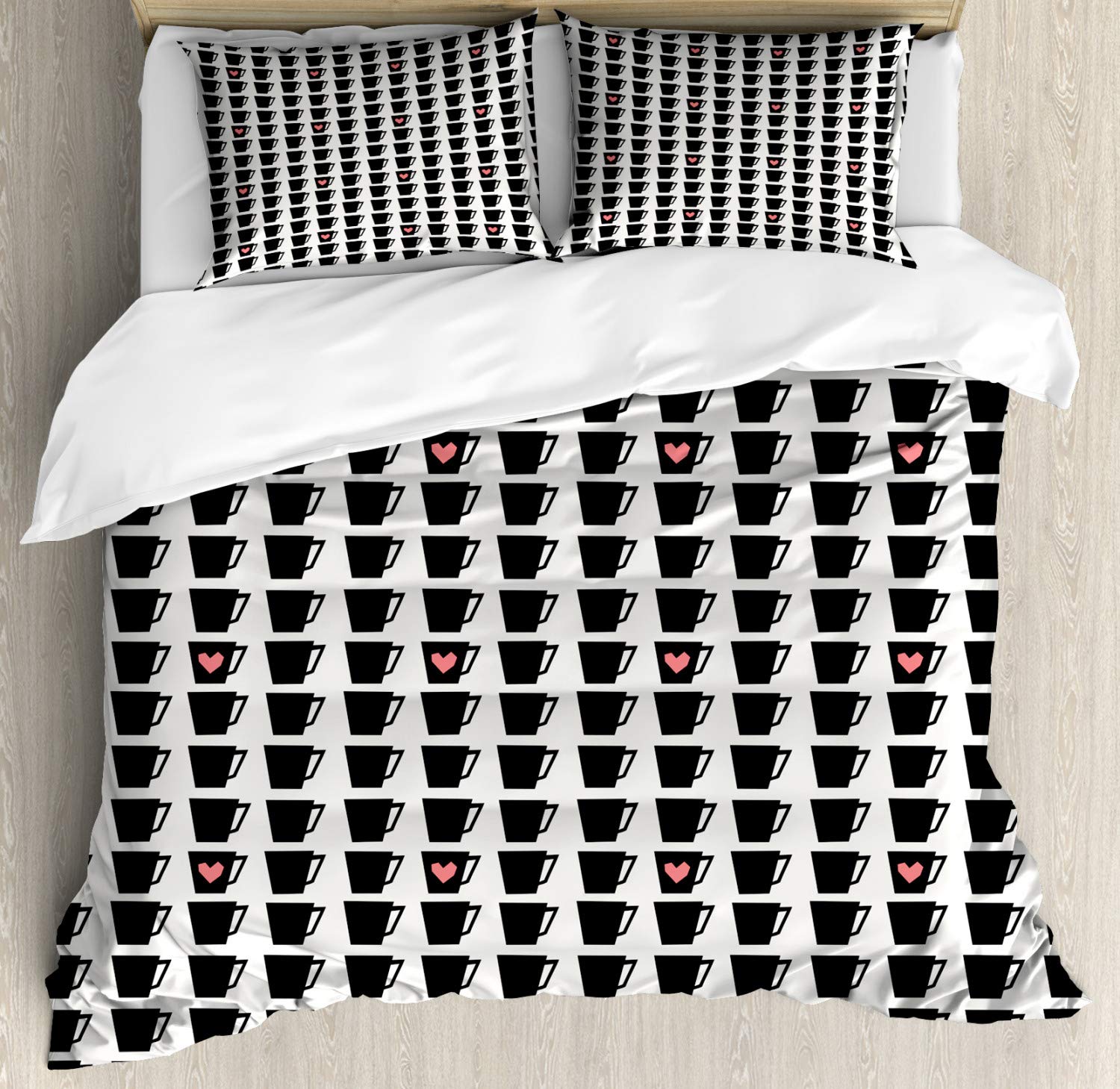 Ambesonne Modern Duvet Cover Set - 3 Piece Bedding Set with 2 Pillow Shams, Queen Size, Charcoal Grey & Pink - Coffee Tea Mug Heart Illustration Design - Perfect for Cozy Bedrooms, Guest Rooms & Dorm Decor