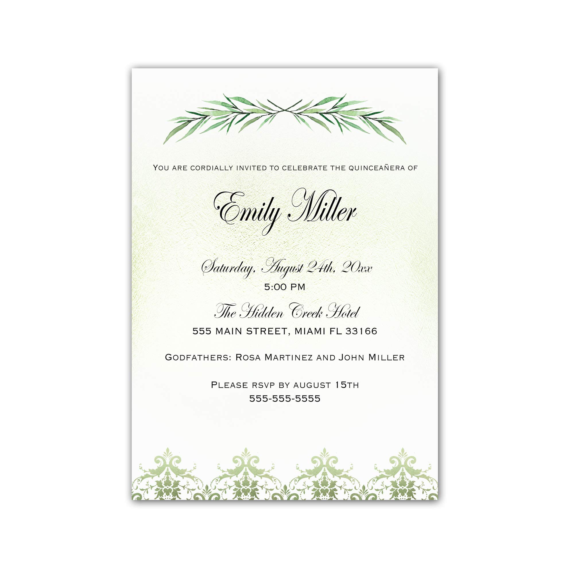 100 Personalized Quinceañera & Sweet 16 Invitation Cards with Greenery Design + Matching Envelopes | Perfect for Birthday Party, Coming of Age Celebration & Special Events