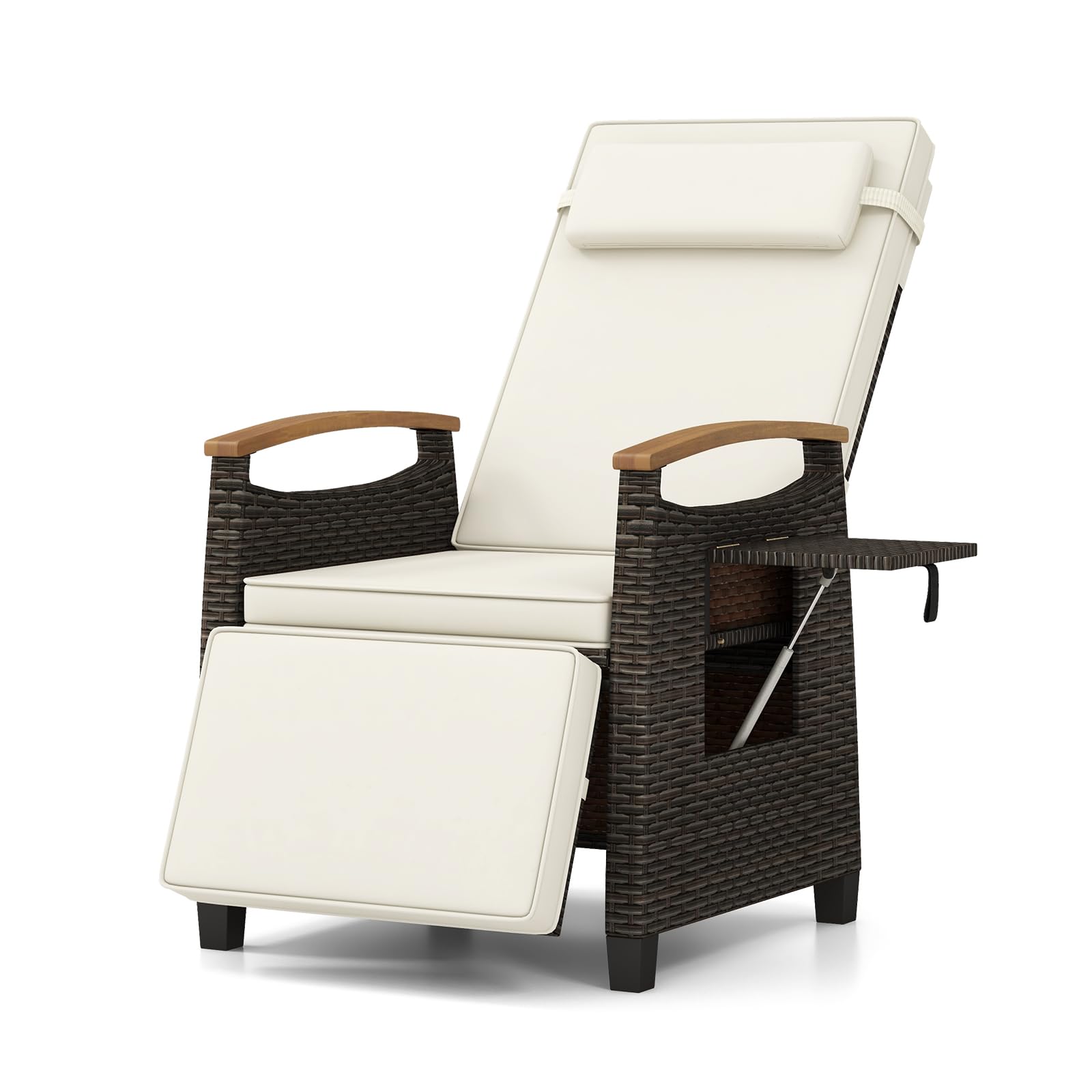 Tangkula Patio Wicker Recliner Chair - Adjustable Rattan Lounge Chair with Flip Side Table & Cushion - Comfortable Outdoor Reclining Seat for Backyard, Porch, Lawn, Poolside - Perfect for Relaxing, Sunbathing & Outdoor Lounging (Off White)