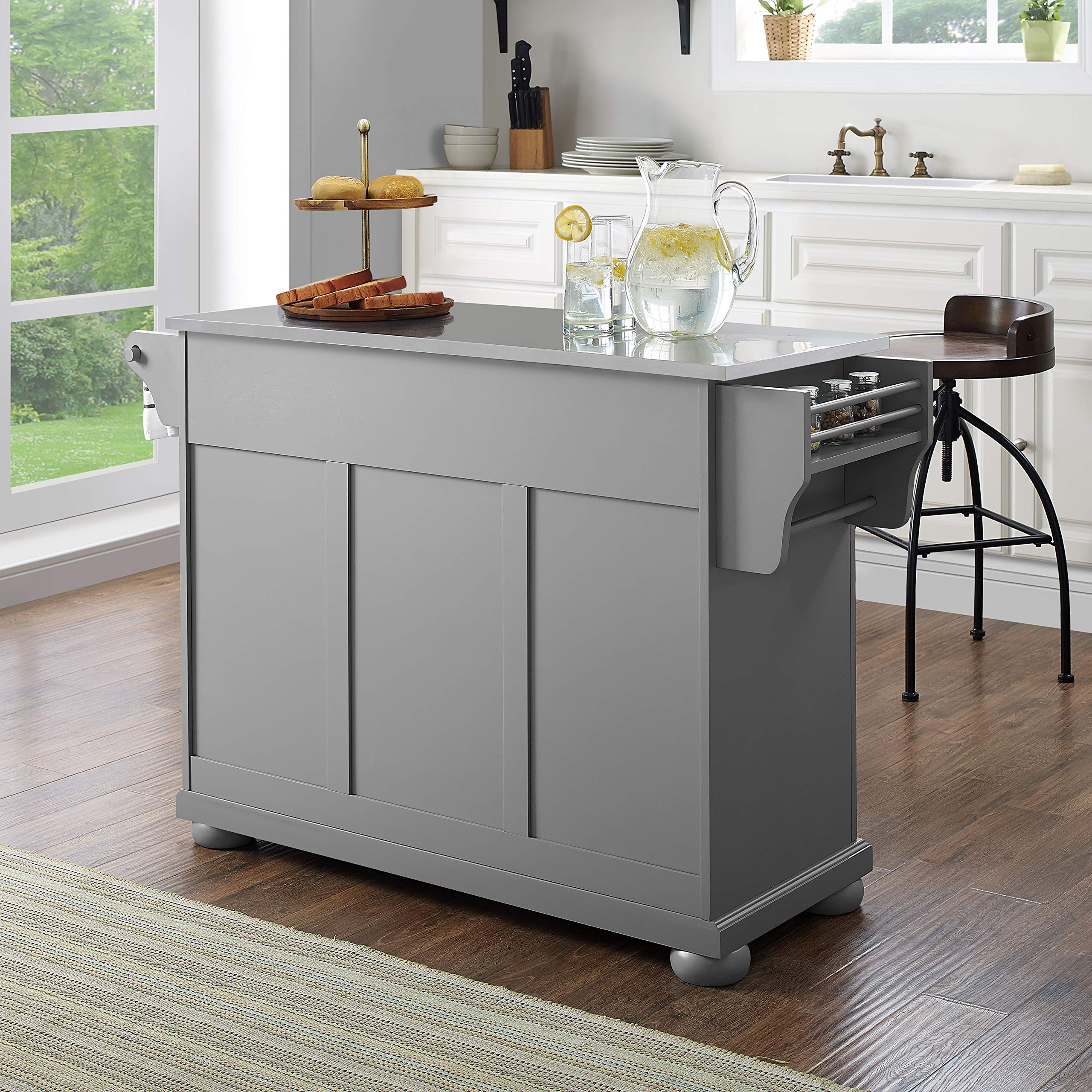 Crosley Alexandria Stainless Steel Rolling Kitchen Island Cart with Storage - Microwave Stand, Gray | Mobile Prep Station for Small Kitchens & Dining Areas