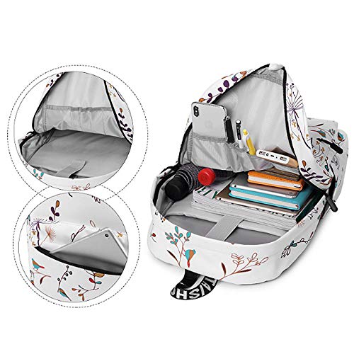 Van Caro Floral Backpack - Large 17 Inch Laptop Backpack for College, Travel & Work - Waterproof Casual Bookbag with USB Charging Port - Perfect for School, Commuting & Weekend Getaways (White)