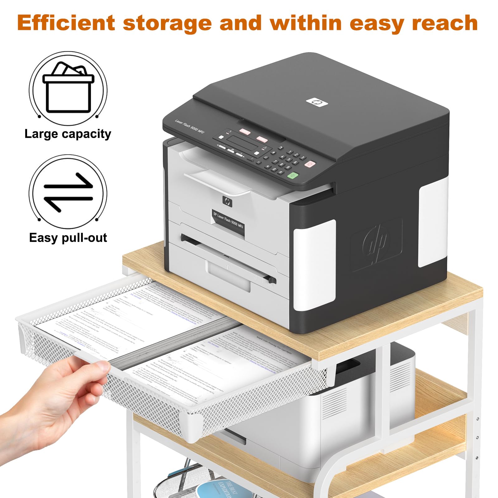 EasyCom 23.6''x18.9'' Extra Large Adjustable Printer Stand with 3 Storage Drawers & Wheels - 5 Height Settings Rolling Printer Cart for Home Office - Perfect for Printer, Scanner & Fax Machine Organization