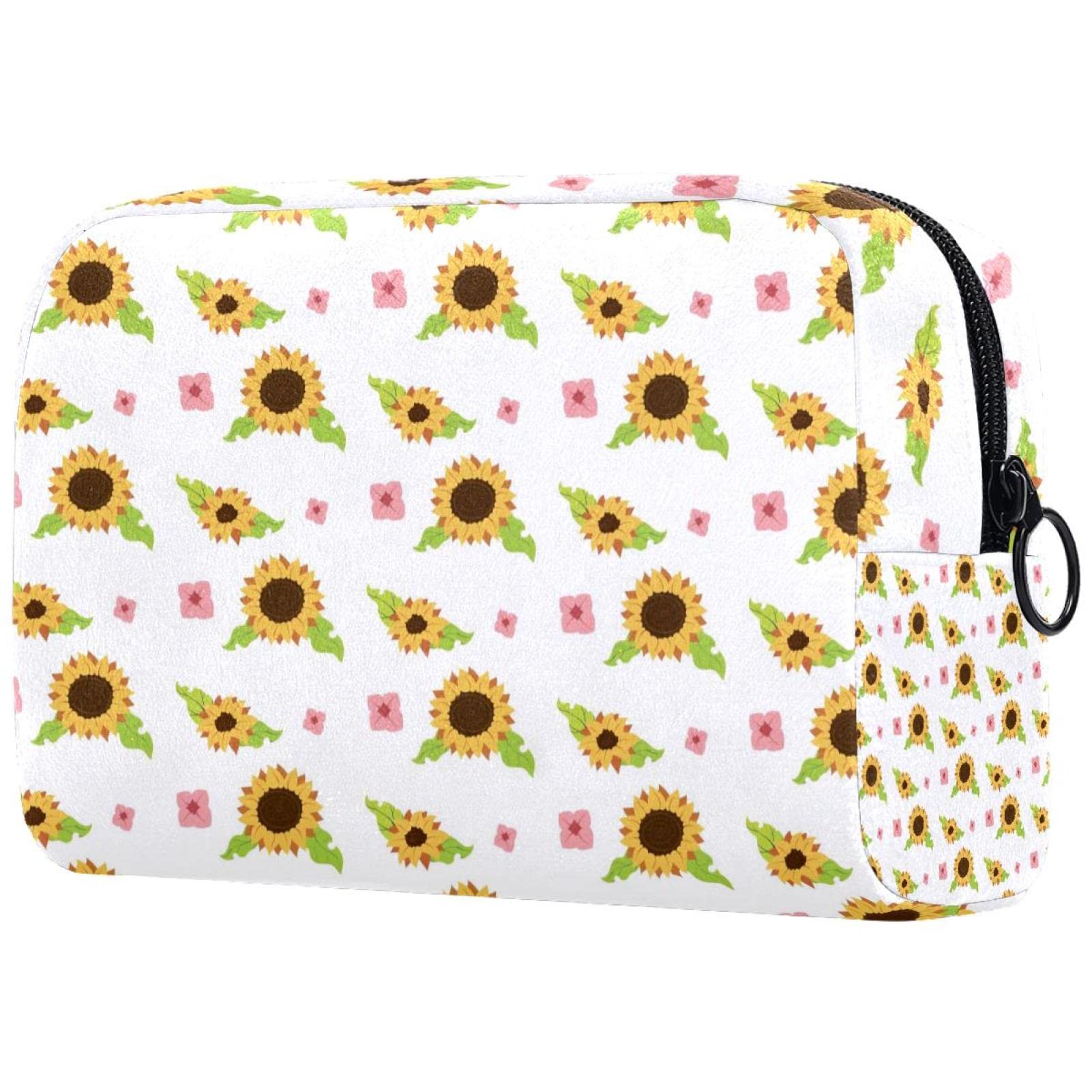 **Yellow Sunflower Pink Floral Travel Cosmetic Bag for Women - Waterproof Makeup Pouch with Black Zipper - Perfect for Travel, Gym & Daily Essentials**