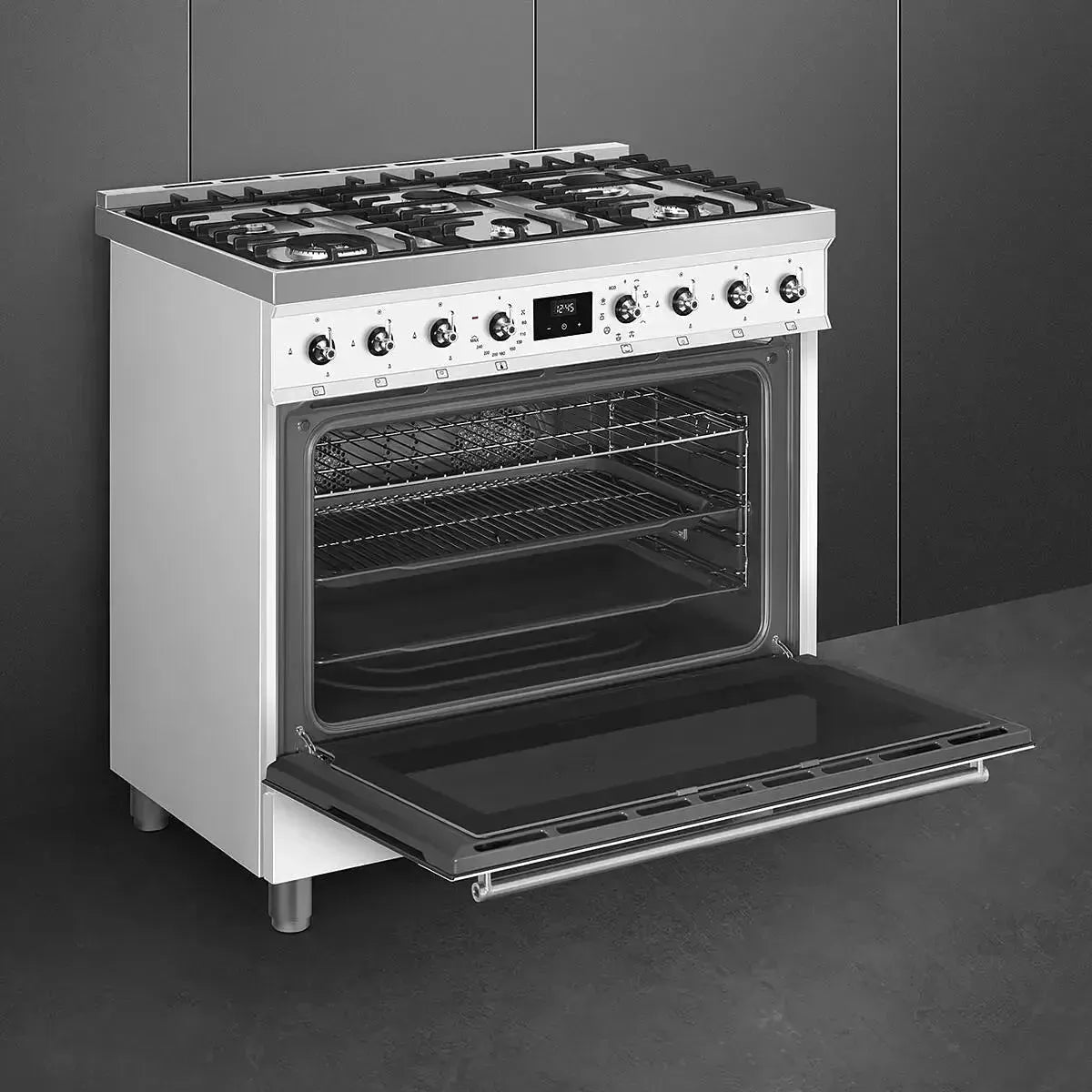 Smeg 90cm 6 Burner Classic Freestanding Dual Fuel Range Cooker in White - Premium Kitchen Appliance for Home Chefs & Entertaining