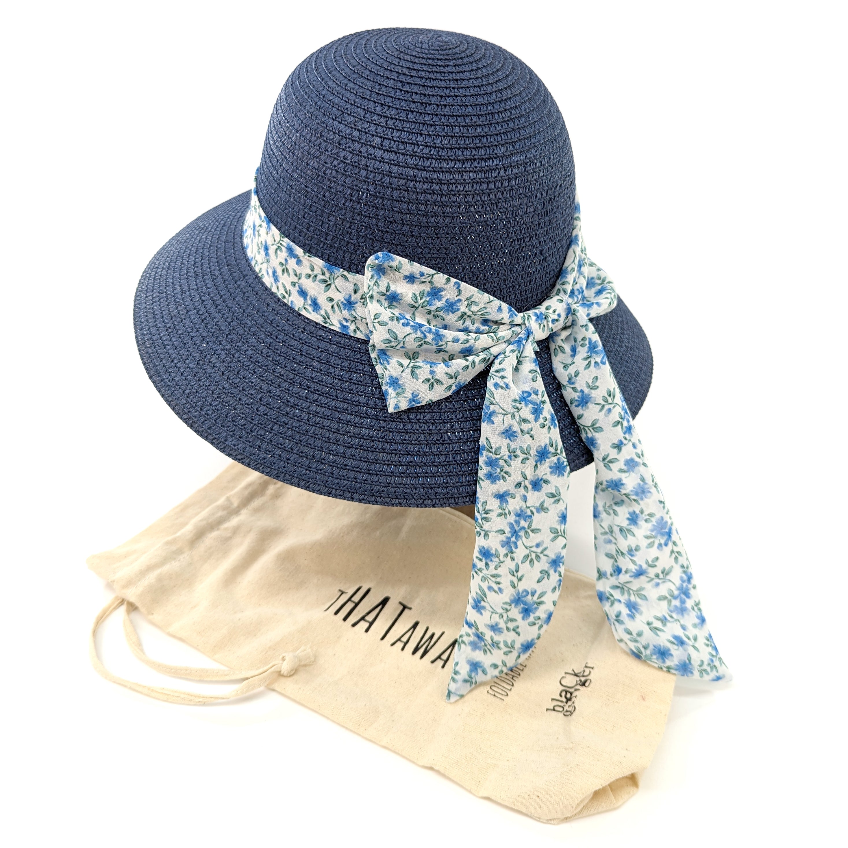 Women's Foldable Travel Sun Hat with Dark Blue Daisy Ribbon - 57cm Wide Brim UV Protection - Perfect for Beach, Vacation & Outdoor Activities