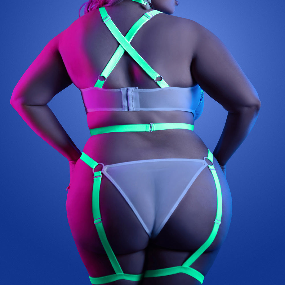Fantasy Lingerie Glow in The Dark Night Vision Gartered Cage Strap Teddy for Women - Sexy Plus Size Lingerie for Romantic Nights & Boudoir Photography