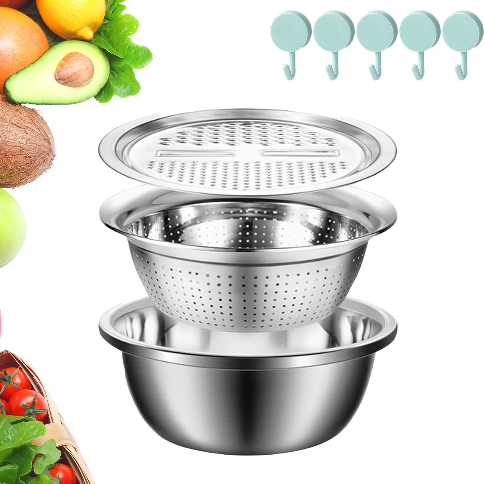 Smartdwel 3-in-1 Multifunctional Stainless Steel Basin with Strainer, Grater & Draining Bowl - 10.24 Inch Fruit Washing Bowl for Kitchen, Salad Prep & Food Drainage - Perfect for Washing Veggies, Grating Cheese & Draining Pasta
