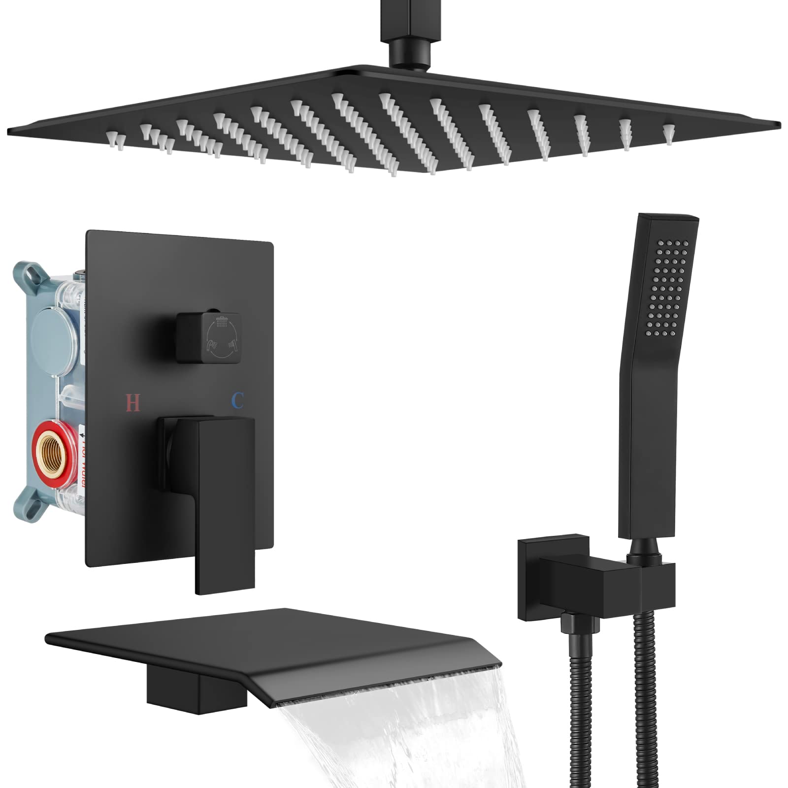Gotonovo Matte Black 12 Inch Ceiling Mount Shower System - Rain Shower Head & Handheld Combo with Waterfall Tub Spout, Rough-in Valve Kit Included for Luxurious Bathroom Upgrade | Perfect for Modern Home, Spa Experience, and Relaxing Shower Time