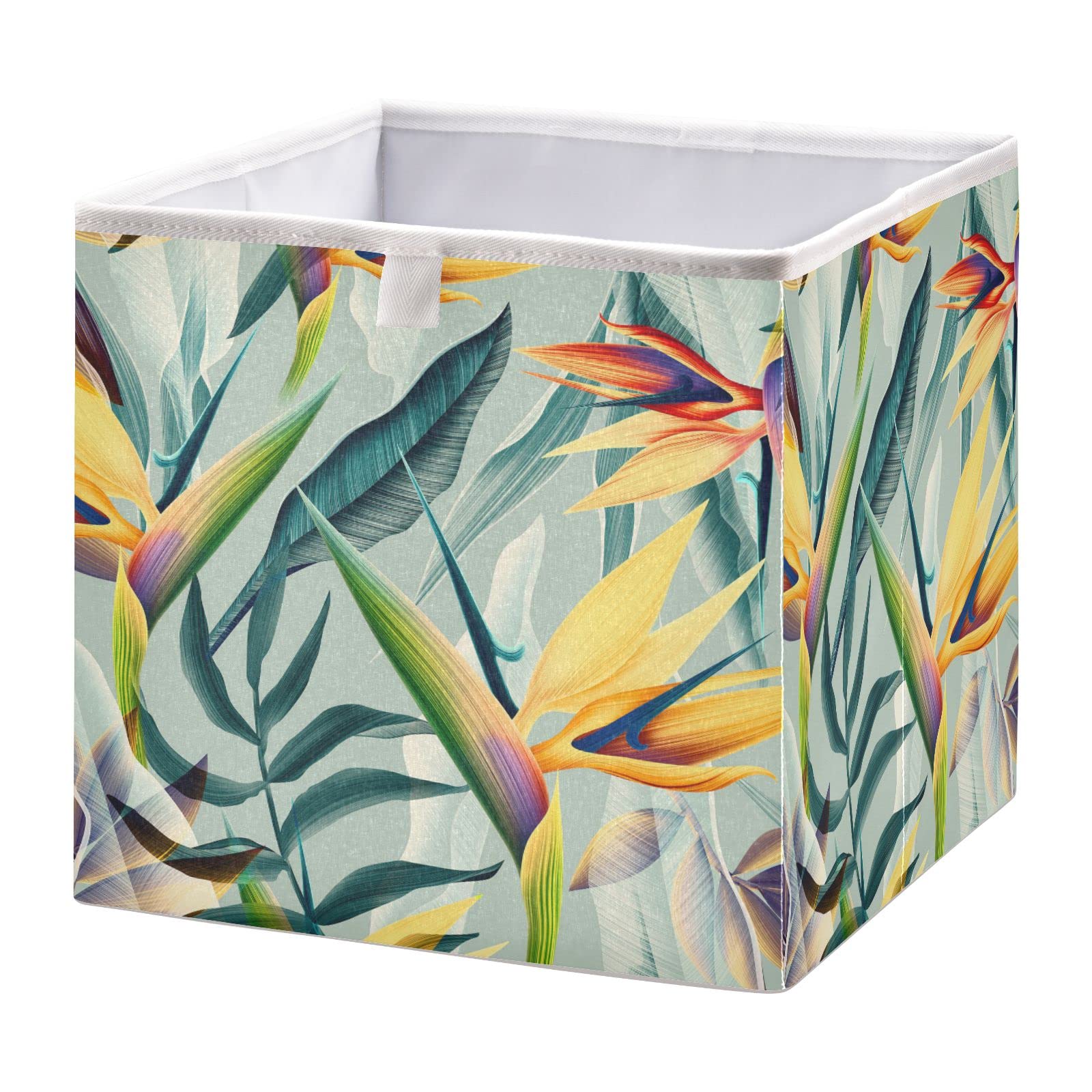 Seamless Tropical Flower Plant Leaf Square Collapsible Storage Bins | Foldable Toy Nursery Basket with Handles | Cloth Cube Organizer for Shelves & Closet | Perfect for Home Organization, Kids Room & Closet Storage